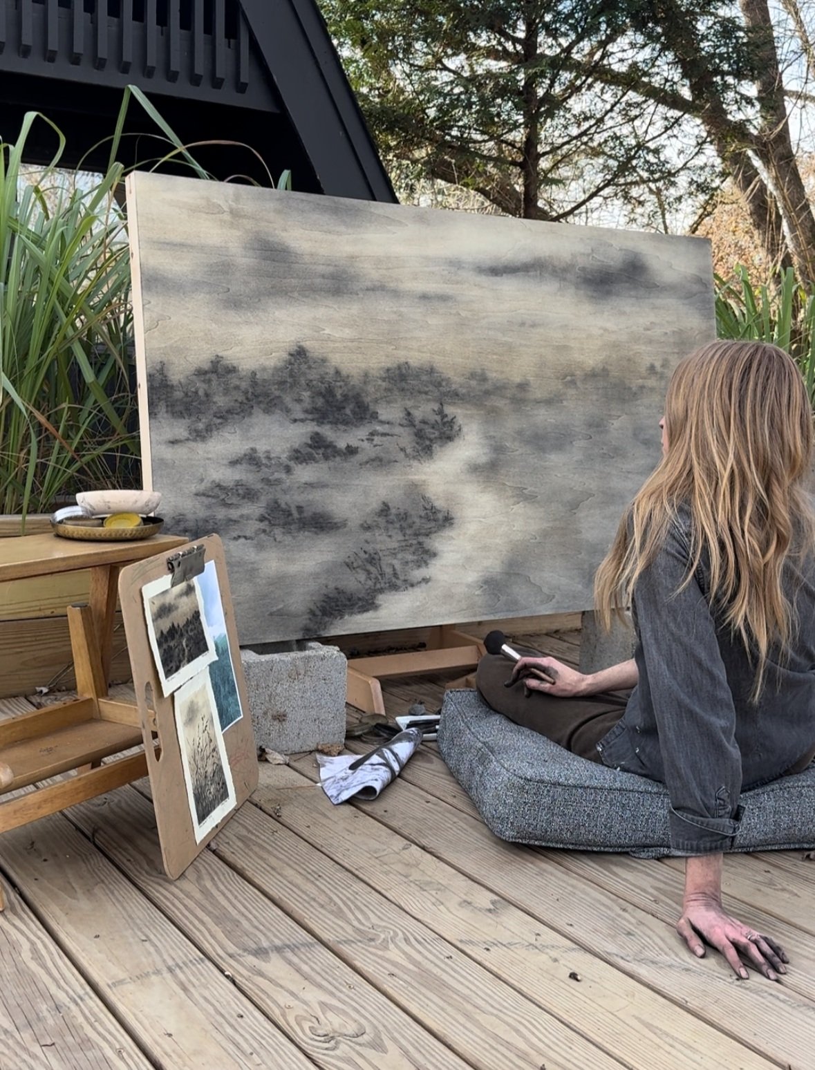 Process image of original 36x60 charcoal and pastel on birch wood panel by Linsey Gray