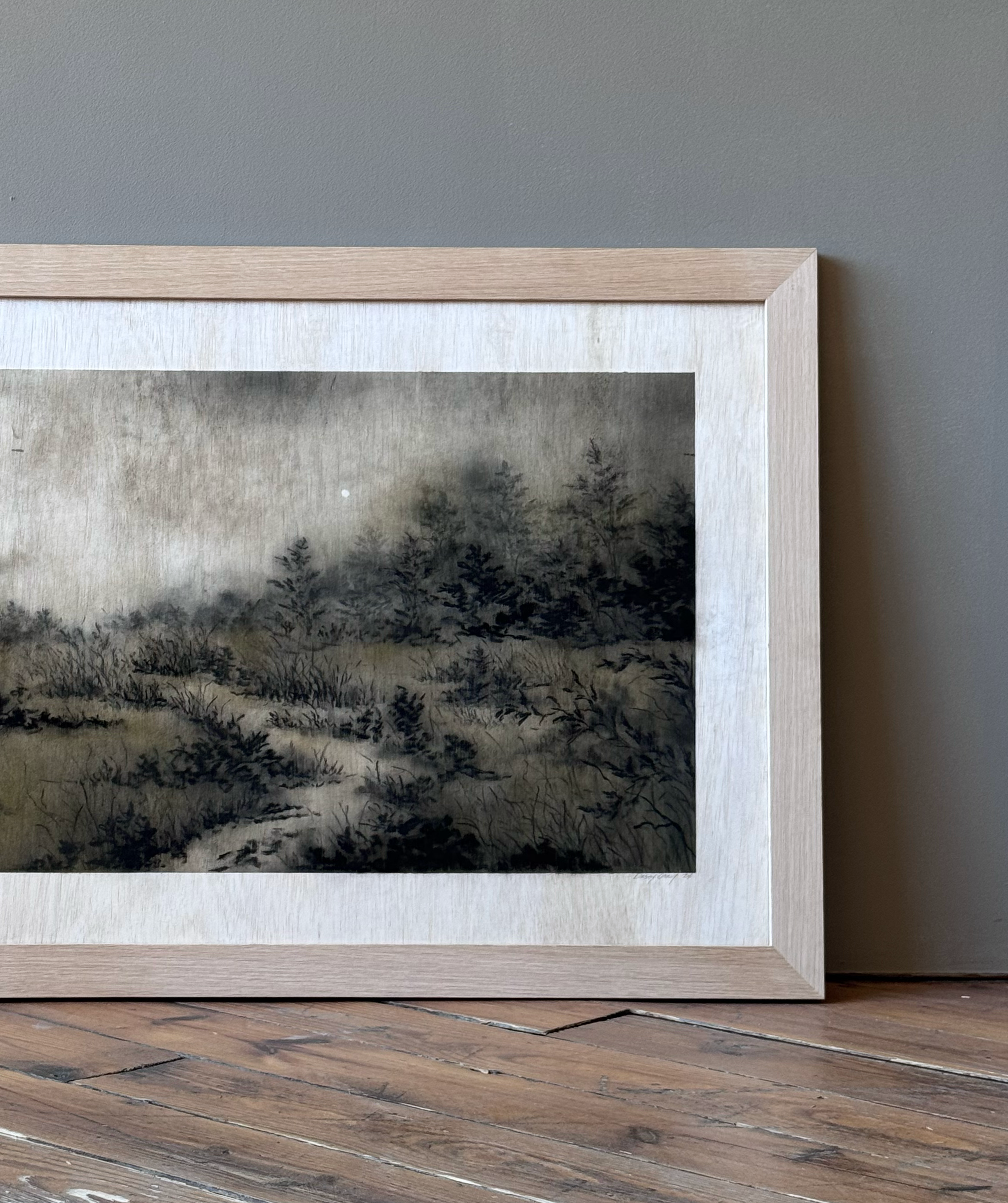 Original 24x48 charcoal and pastel on birch wood by Linsey Gray framed behind glass in custom oak frame