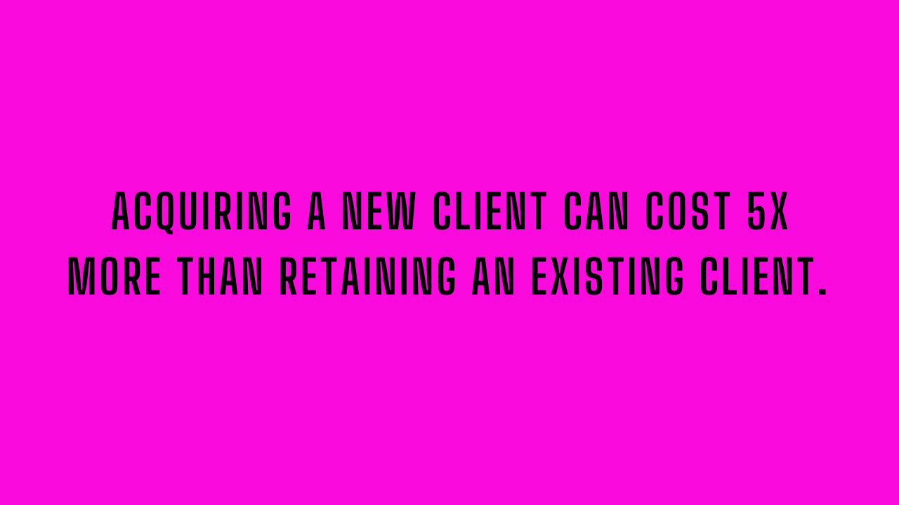 Image reads: "Acquiring a new client can cost 5x more than retaining an existing client."