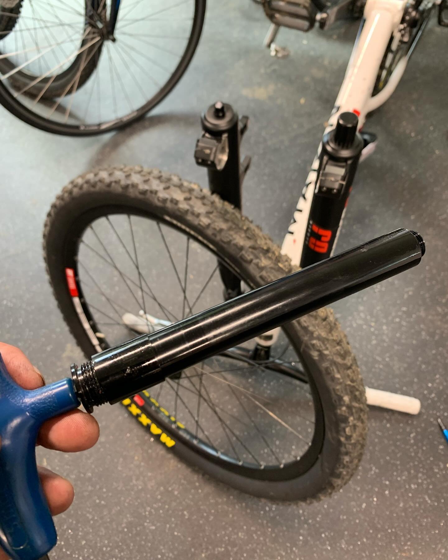 Seized in and cross threaded axle removed, then repaired. I love my little lathe.
Another bike shop suggested new forks and front wheel to solve the problem 😳😳