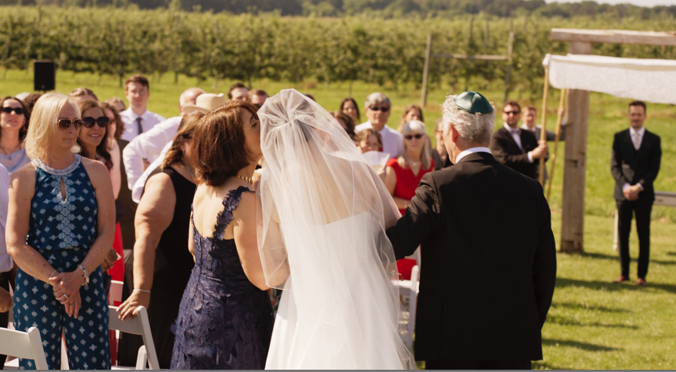 Outdoor wedding ceremony with bride covered by a veil, standing beside groom with a kippah, and guests watching in the background on a sunny day