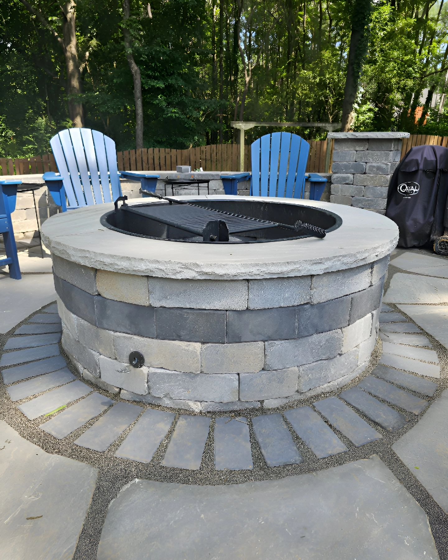 Taking a basic firepit from Belgard and elevating it with a paver inlay and custom natural stone cap. Which looks better? Ours or Belgards?
*
*
*
*
 #firepit #flagstonepatio #hardscapedesign #hardscaping