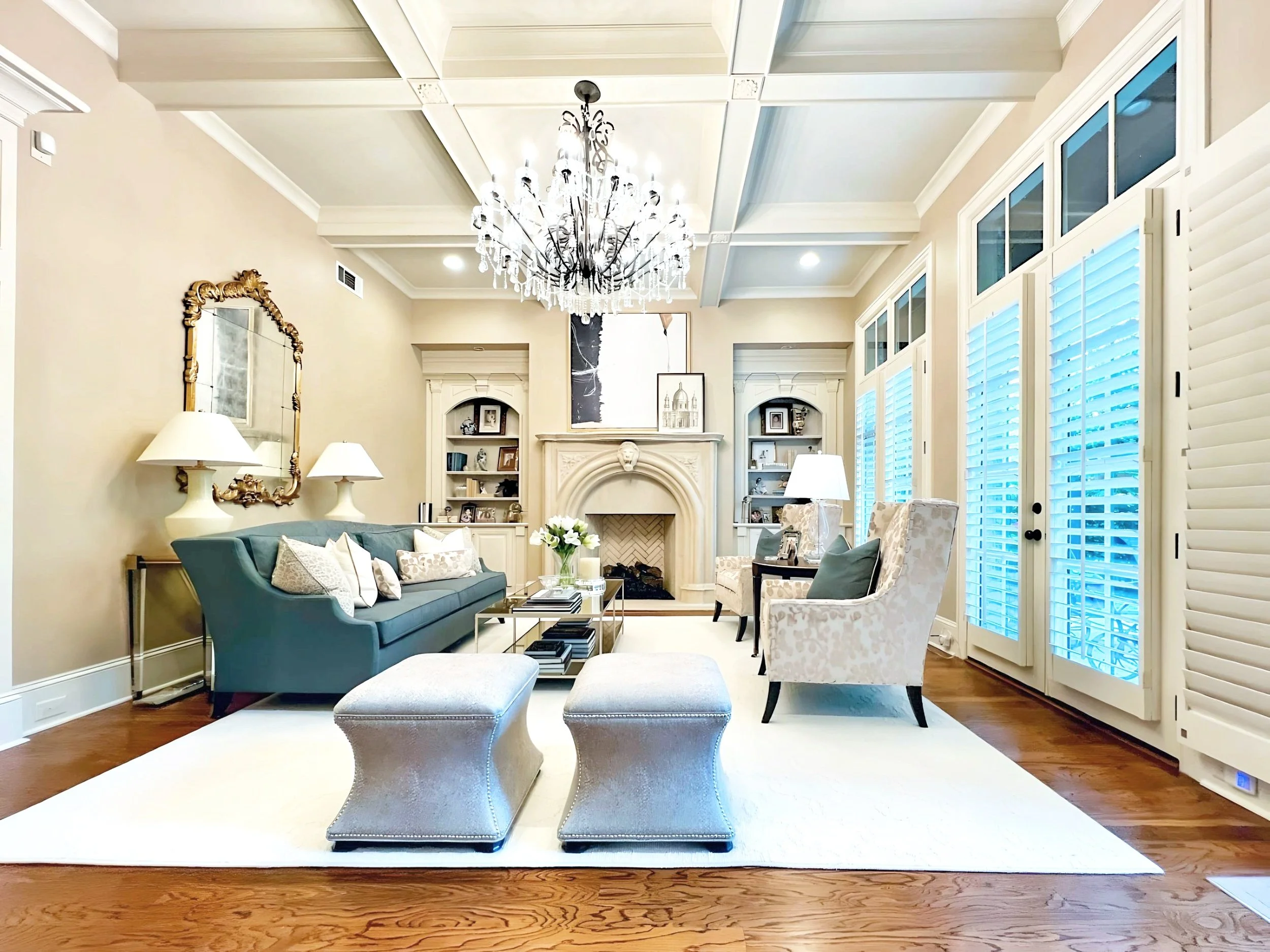 Hynes Landing living room with coffered ceiling and fireplace