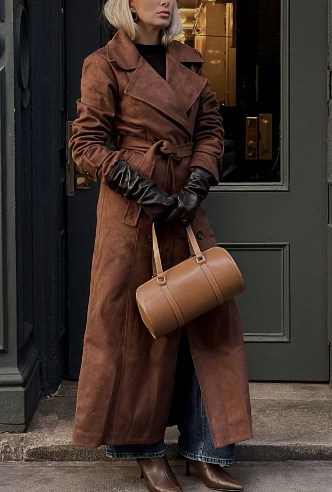 Person wearing a brown trench coat and black gloves holding a small tan leather handbag while standing outside a doorway.