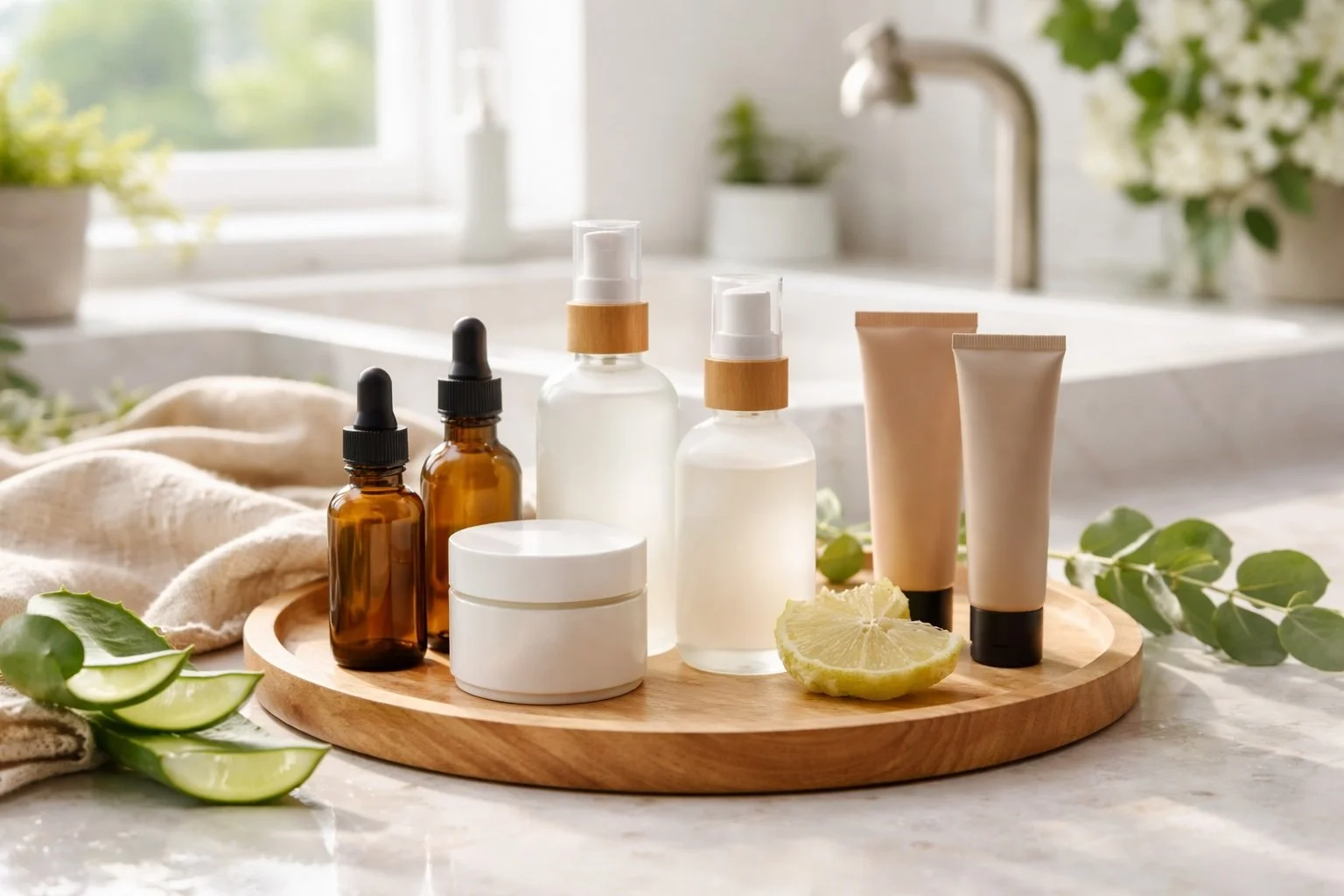 Minimalist bathroom countertop with a wooden tray holding amber glass dropper bottles, white skincare jars and neutral-toned tubes beside a modern white vessel sink and brushed metal faucet in soft natural light.