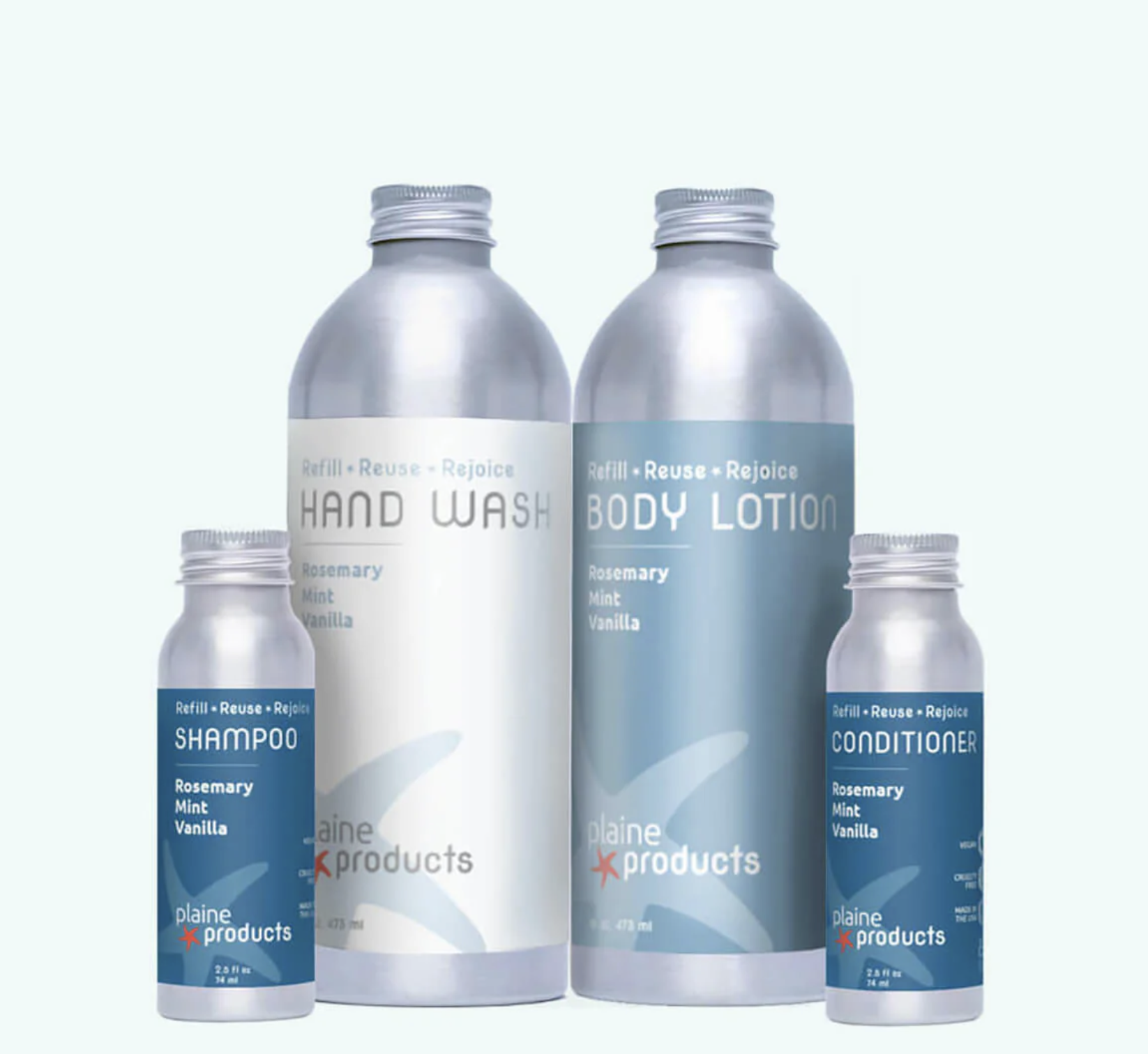 Assorted Plaine Products refillable aluminum bottles in different sizes, including larger refill containers for shampoo and body lotion.