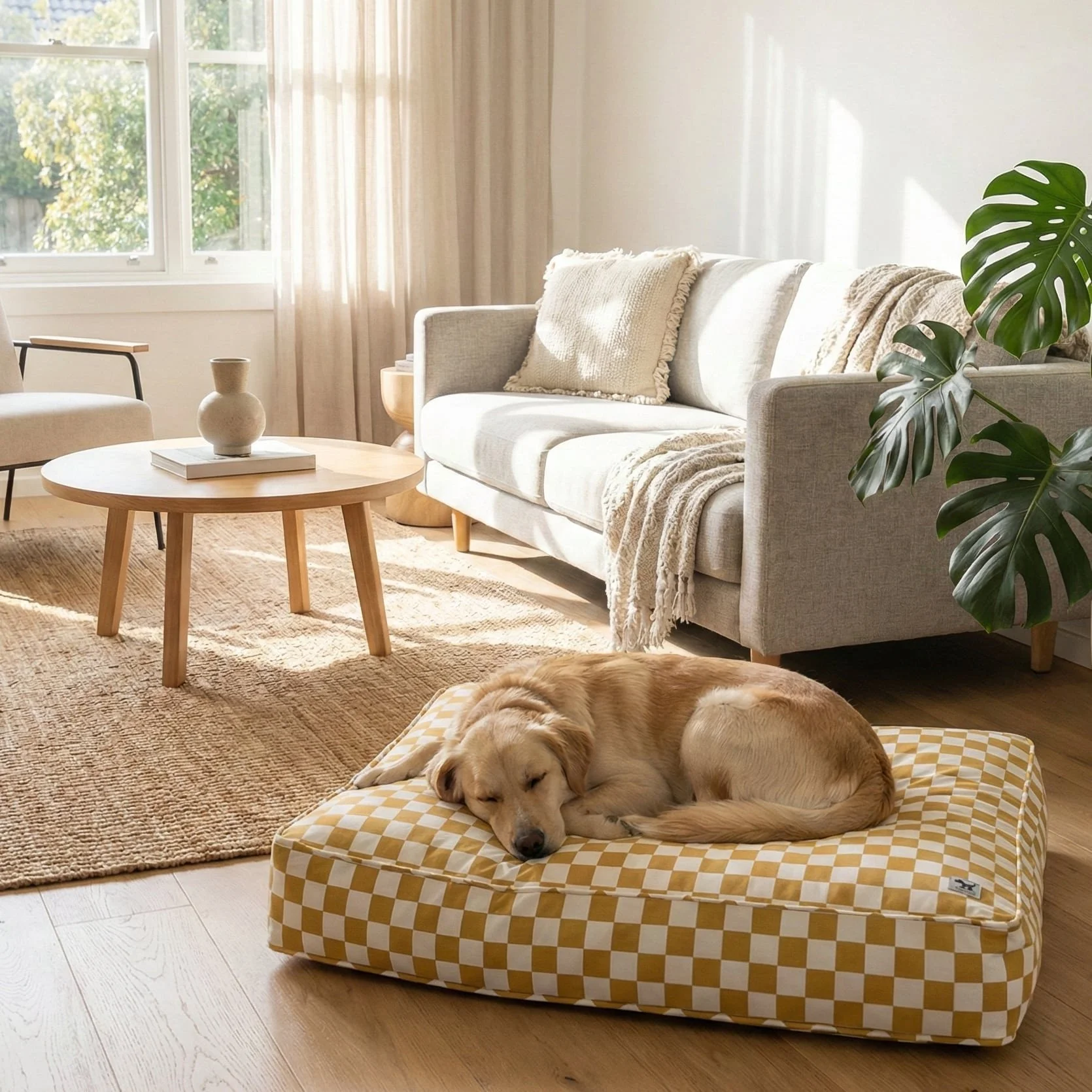 Golden retriever resting on a checkered Molly Mutt dog bed in a bright living room with neutral furniture and natural light