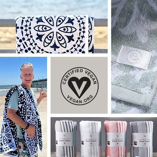 A collage of beach towels with various patterns, a smiling man holding a beach towel, a 'Certified Vegan' logo, and a close-up of a gray towel tag.