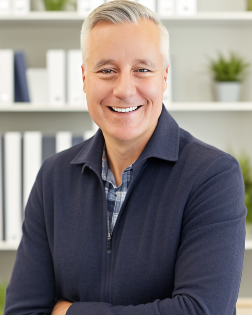 Man with gray hair and a blue jacket smiling