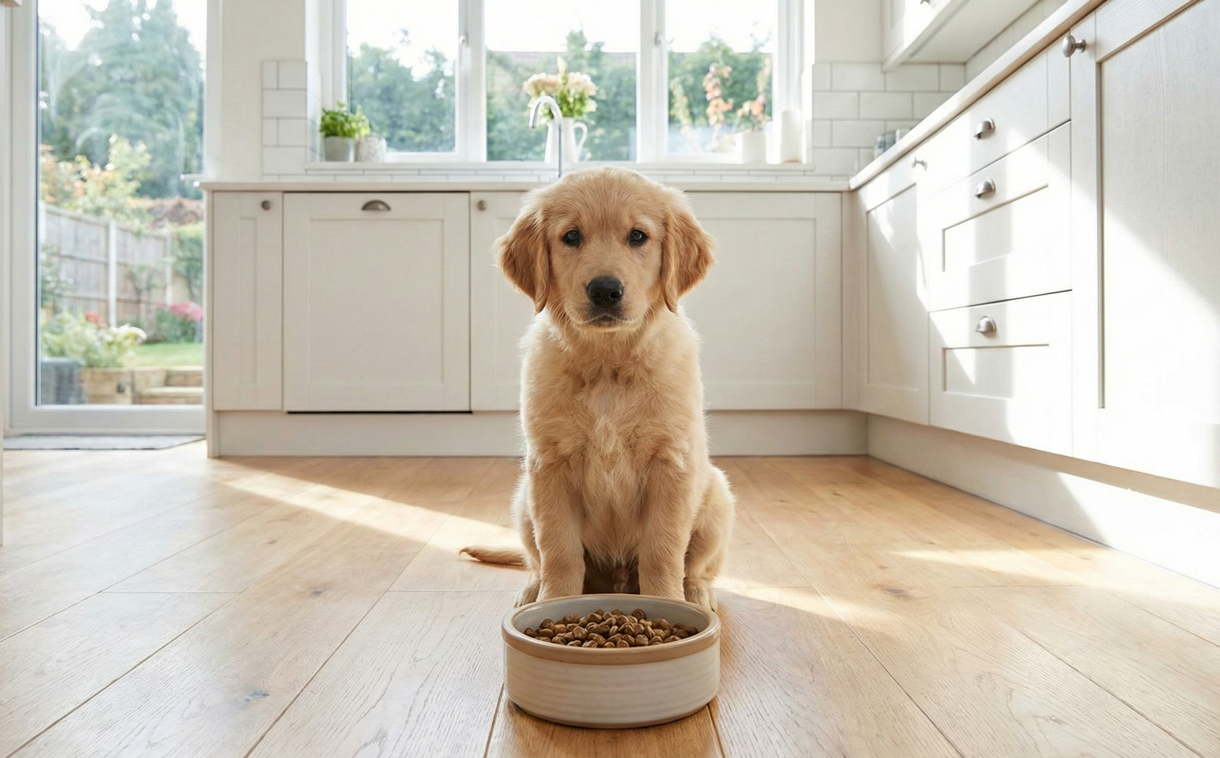 Golden retriever puppy sitting in a bright kitchen with a bowl of dog food, illustrating everyday pet nutrition choices.