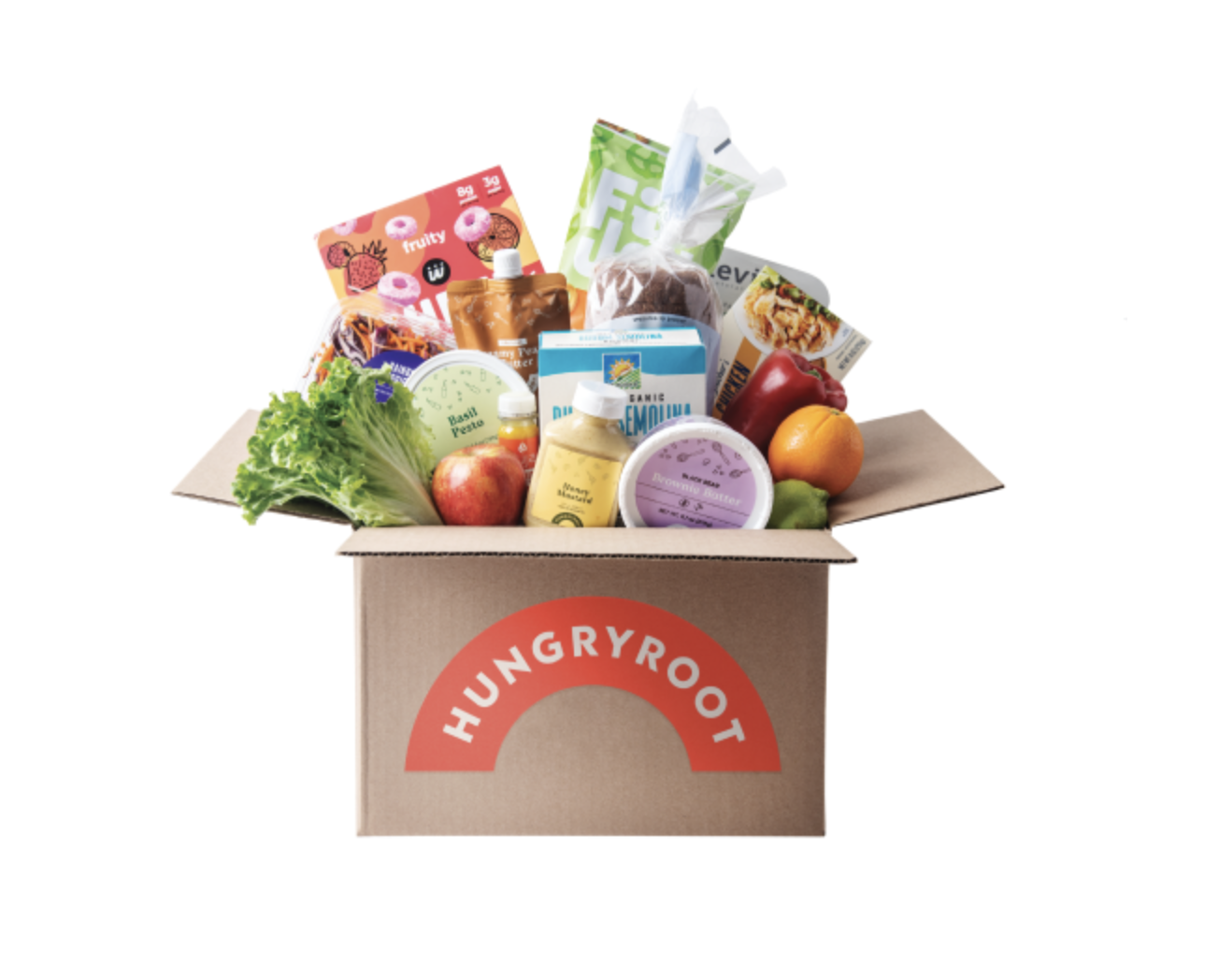 Open Hungryroot grocery delivery box filled with fresh produce, packaged foods and plant-based pantry staples against a white background.