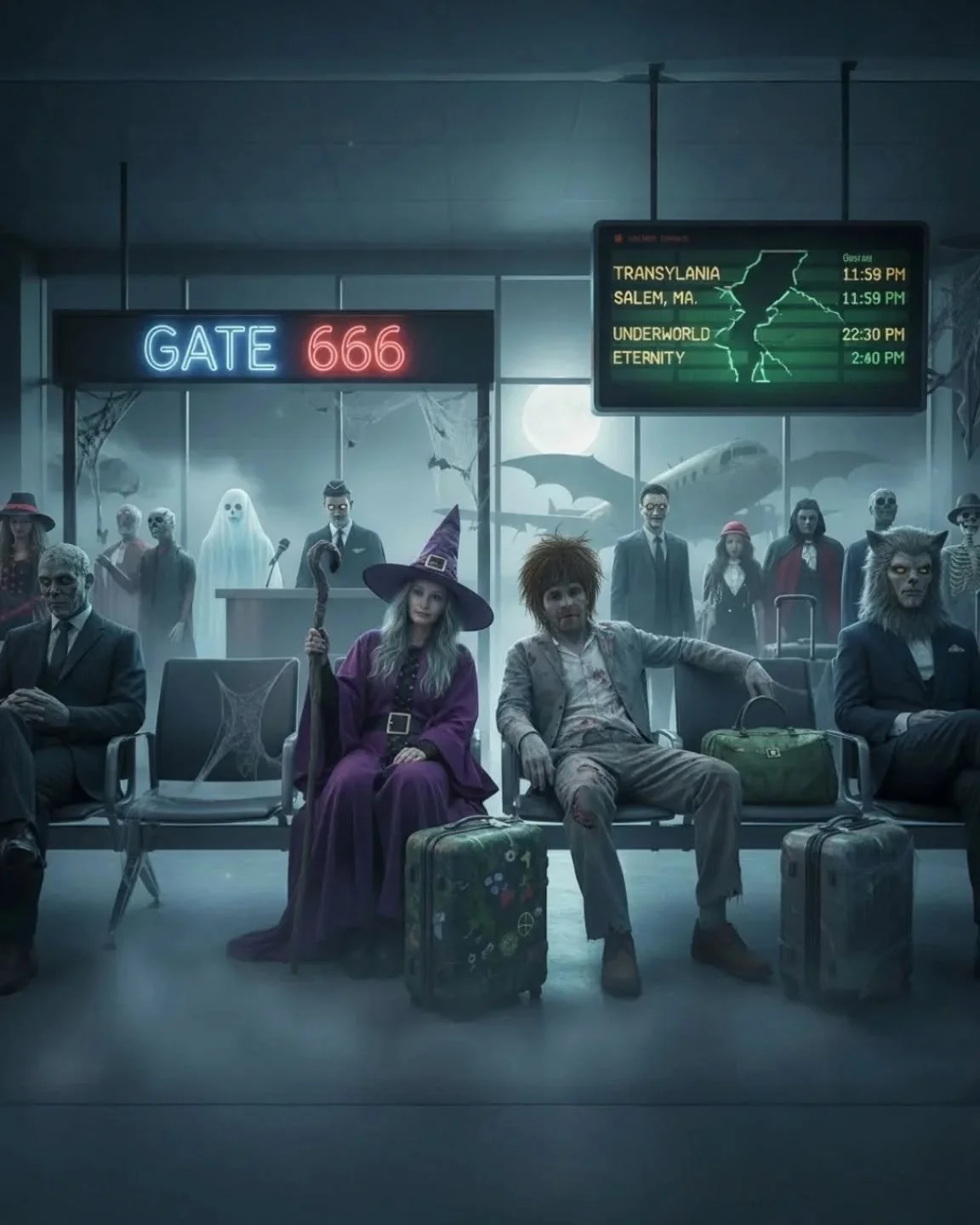 Pretty sure this is exactly what airports look like on Halloween. ✈️👻

(Just added a bit of AI magic to prove it.) 

#happyhalloween #spookyseason #airportlook #aiart