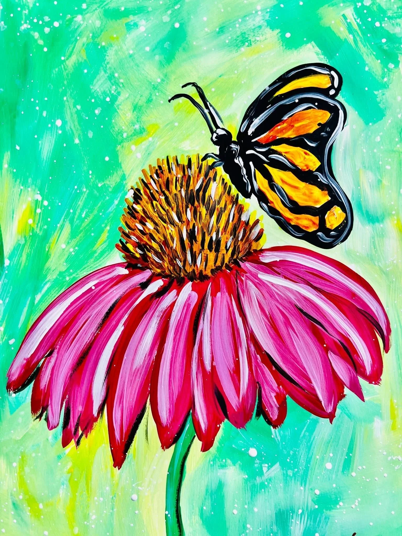 A colorful painting of a butterfly perched on a pink coneflower with a bright green background.
