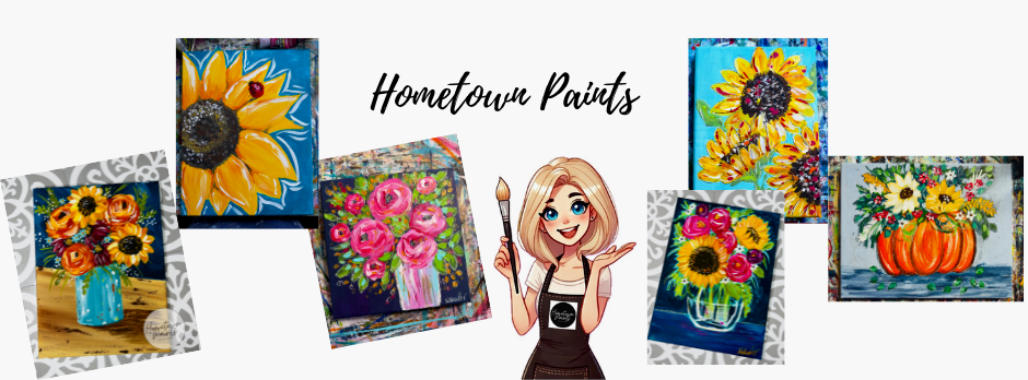 Collection of seven colorful floral paintings, a digital illustration of a woman holding a paintbrush, and text reading 'Hometown Paints.'