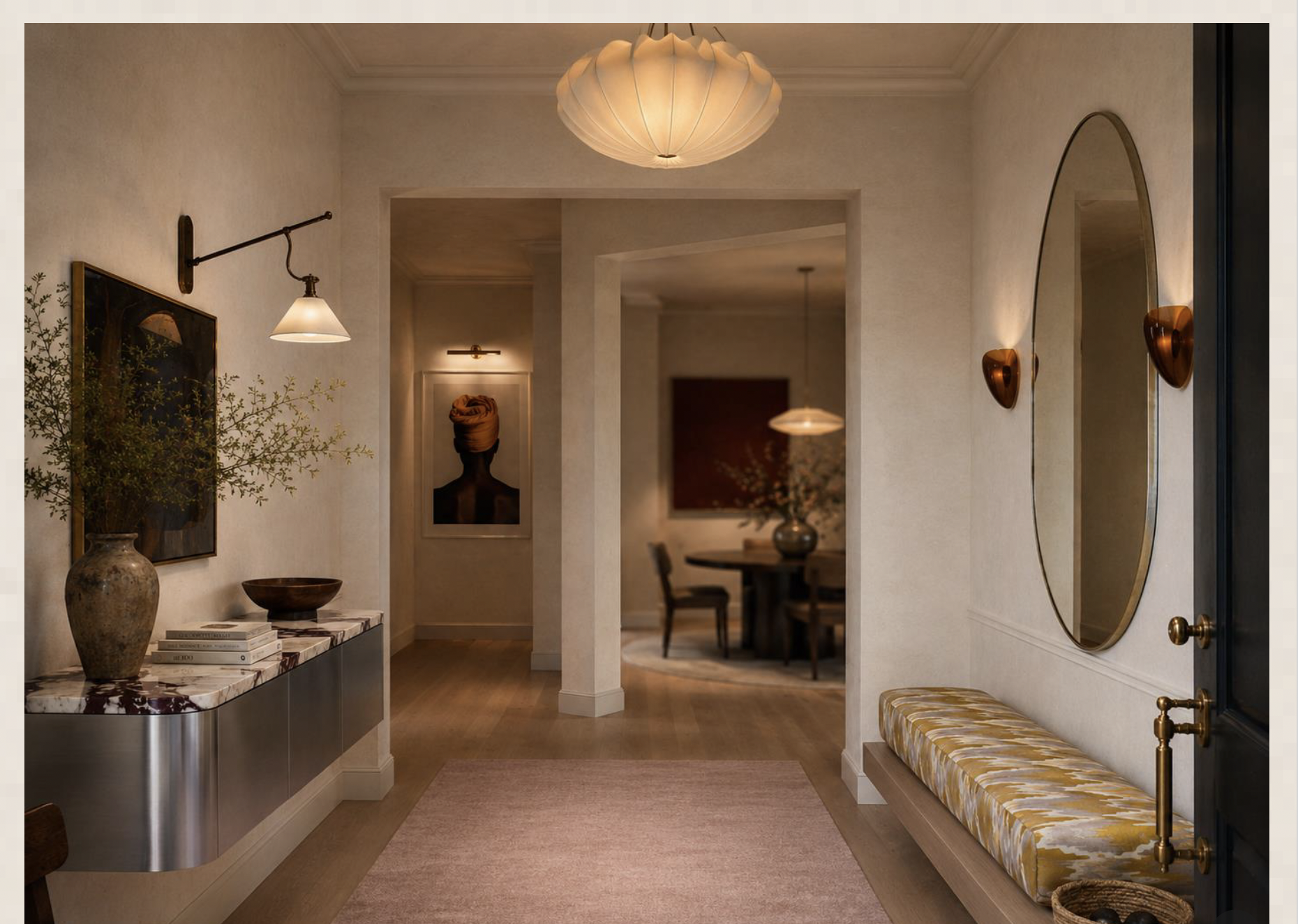 I'm continually inspired by juxtaposition. Creating a soft, layered interior within the dramatic stone and brick shell of this historic apartment establishes a sense of balance, warmth, and quiet luminosity—a glow from the inside out.

For this proje