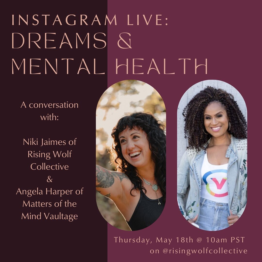 INSTAGRAM LIVE ✨

This Thursday at 10am PST I&rsquo;ll be going LIVE with one of our WILD Collaborators, Angela from @mattersofthemindvaultage 🎉.

We&rsquo;ll be discussing our perspectives on dreams and how they have affected our own mental health 