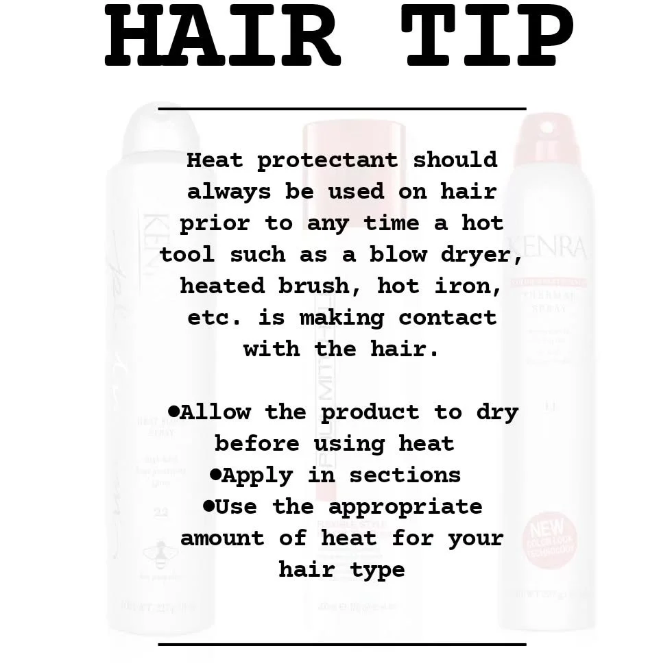 Using a heat protectant plays a major role in keeping your healthy and damage free! A couple of our favorites are Kenra heat block, Kenra color maintenance thermal spray, and Paul Mitchell hot off the press! 
.
.
#heatprotectant #healthyhair #perfect
