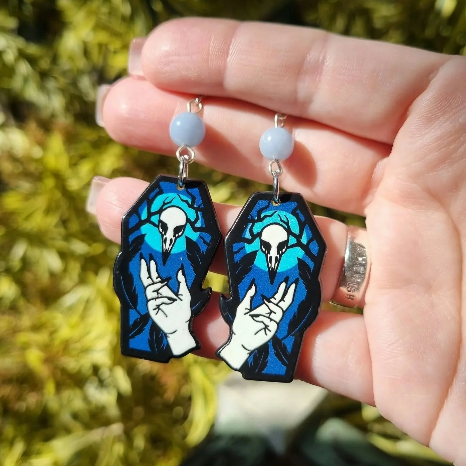 Angelite Skull Coffin Earrings - Silver