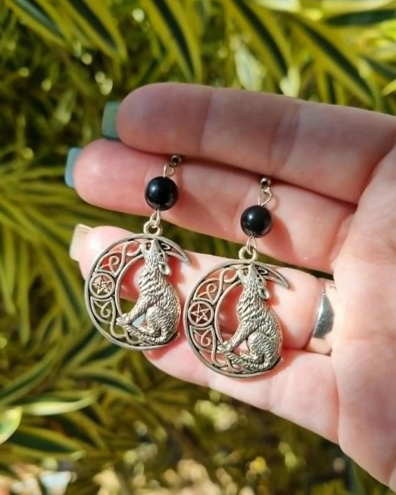 Black Tourmaline Wolf Earrings - Silver