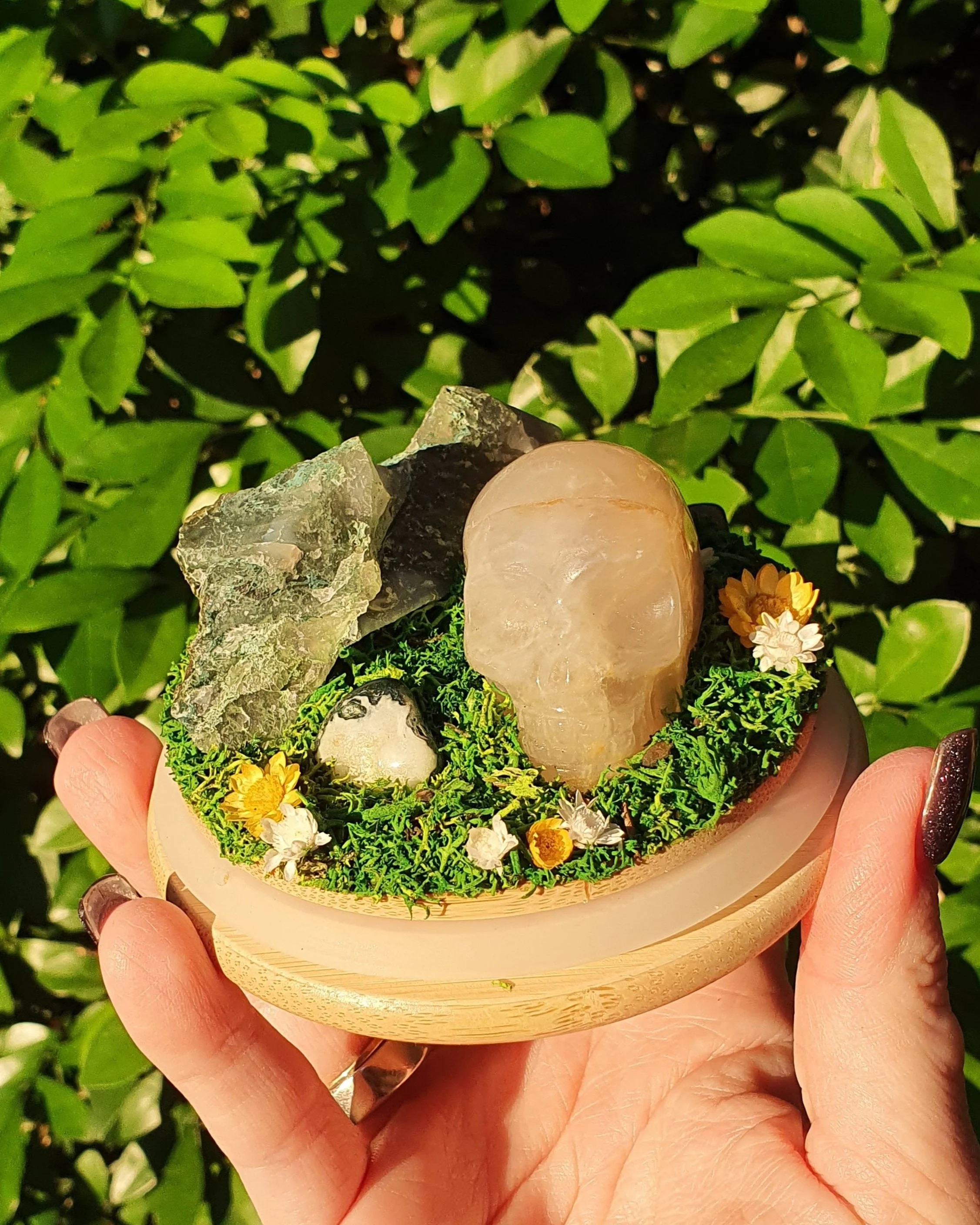 Blue Rose Quartz Skull with Moss Agate - 120