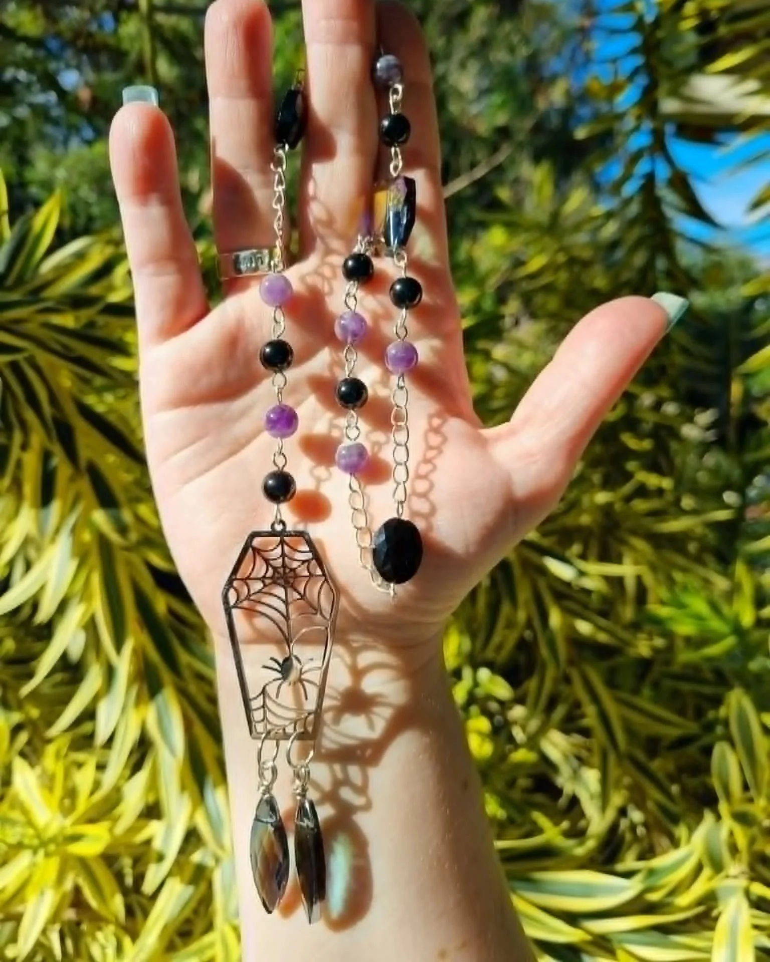 Amethyst & Black Tormaline Coffin Sun-Catcher - Silver