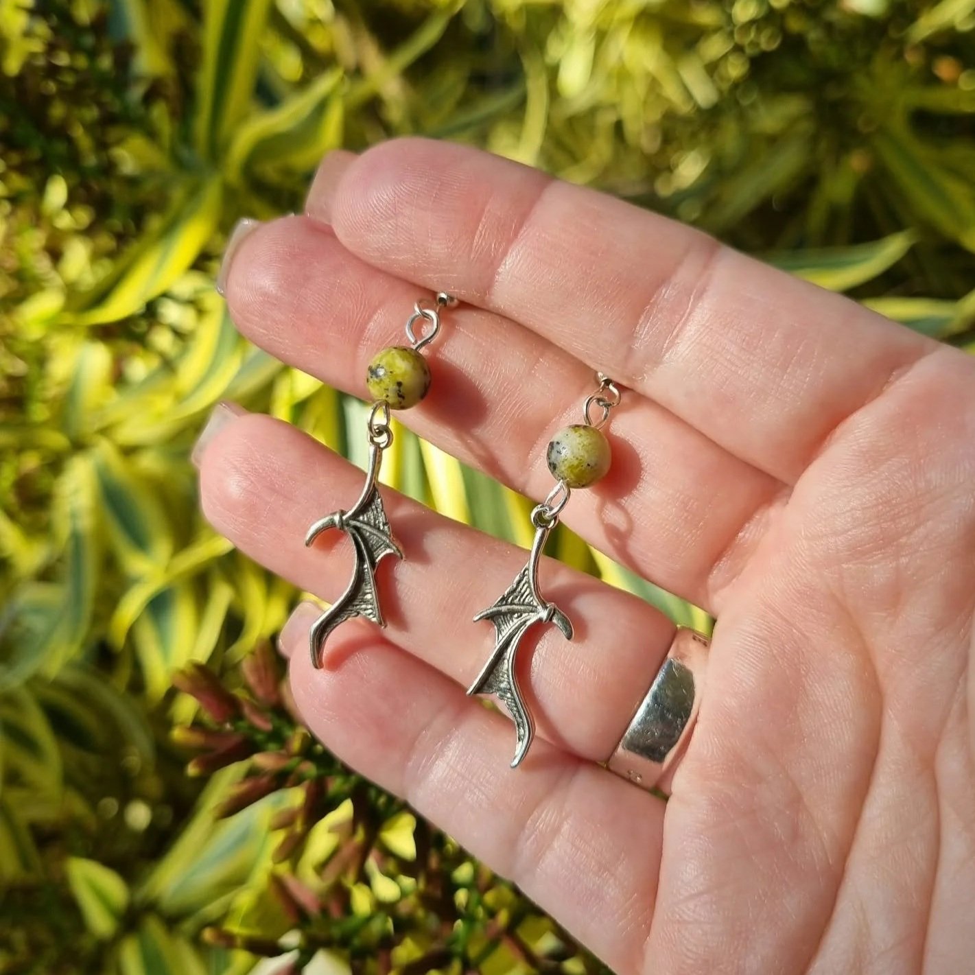 Yellow Turquoise Dragon Wing Earrings - Silver