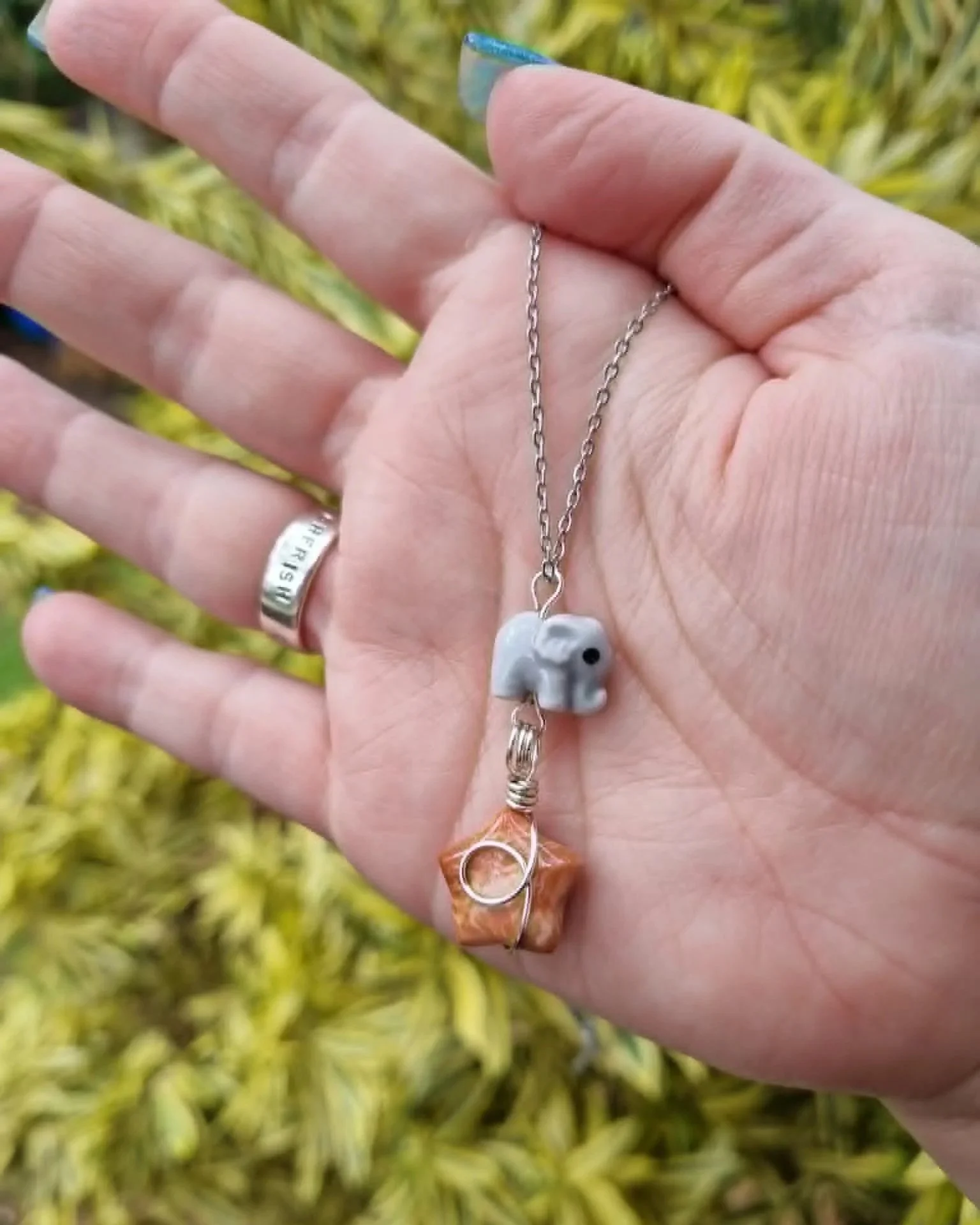 Coral Jade Elephant Pendant - Silver
