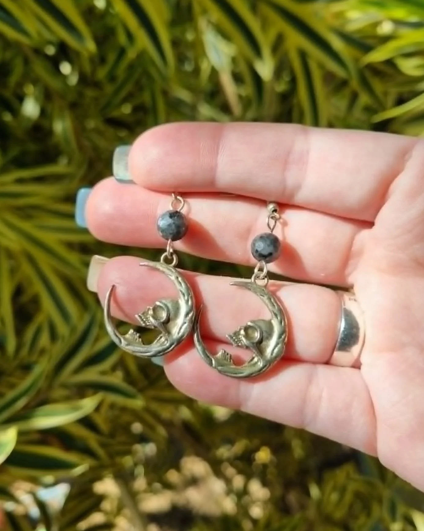 Faceted Larvikite Skull Moon Earrings - Silver