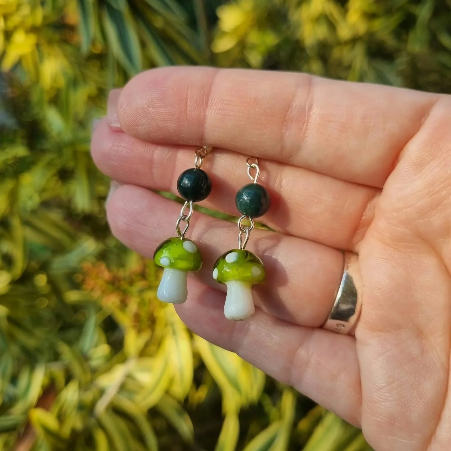 Moss Agate Green Mushroom Earrings - Silver