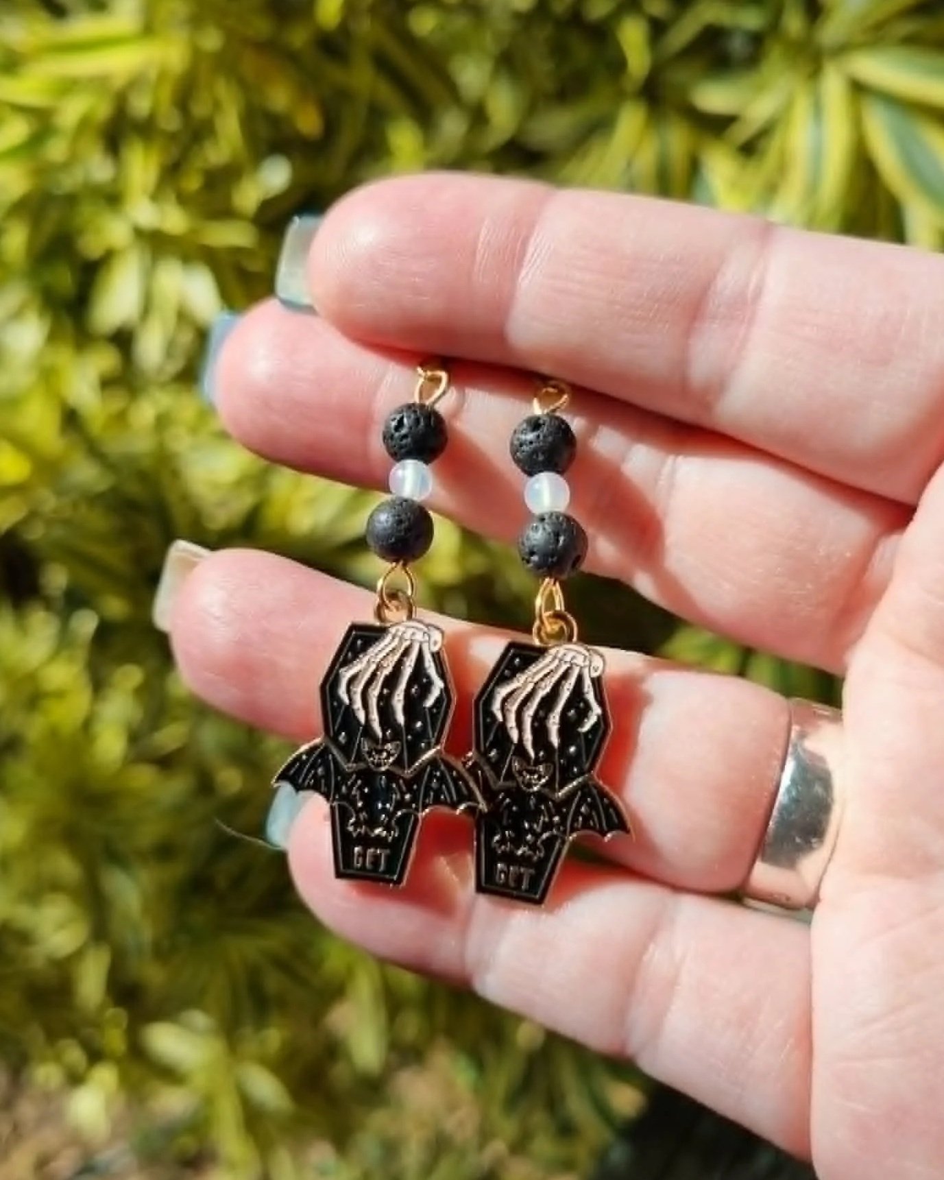 Lava Stone & Opalite Coffin Earrings - Gold
