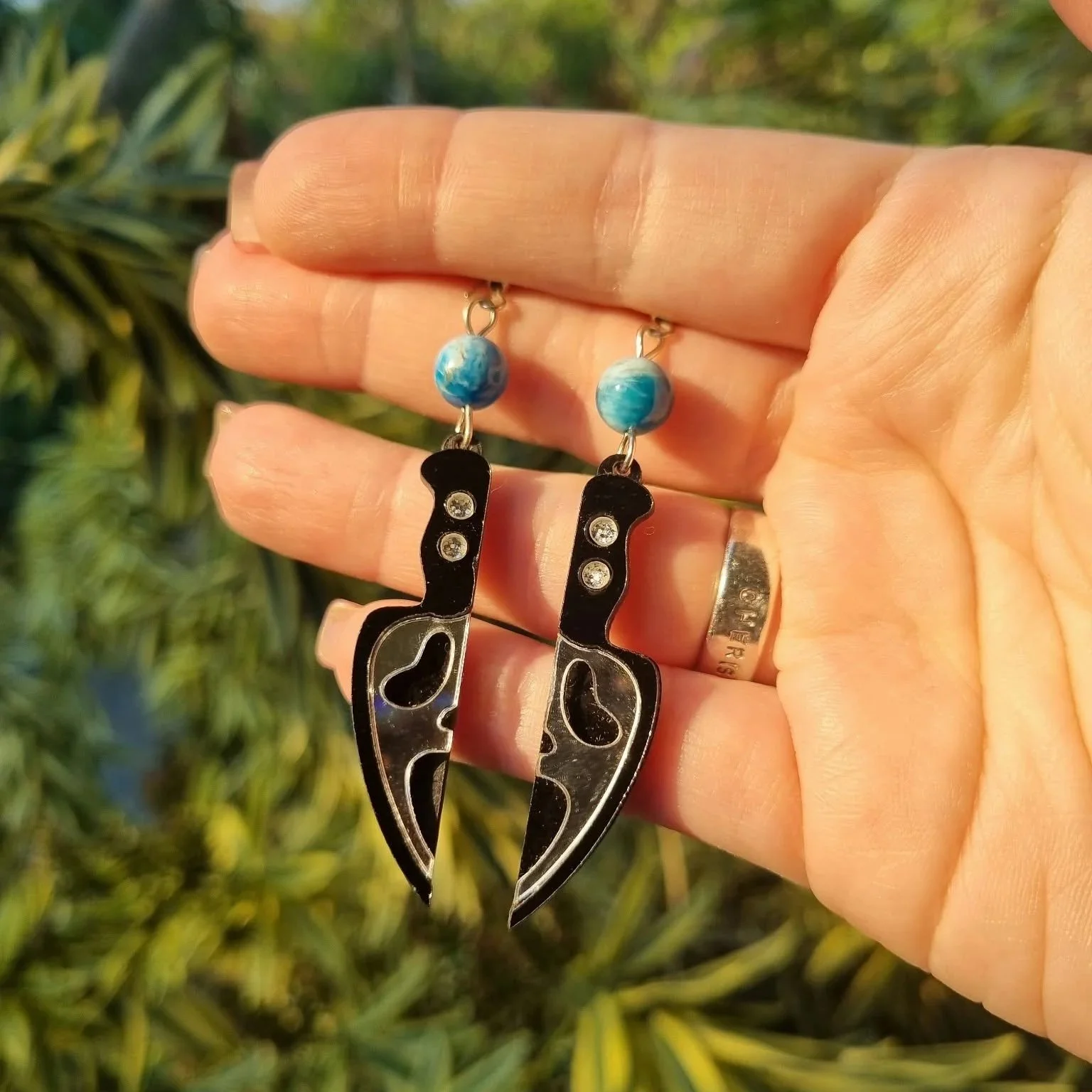 Blue Apatite Ghost Face Knife Earrings - Silver
