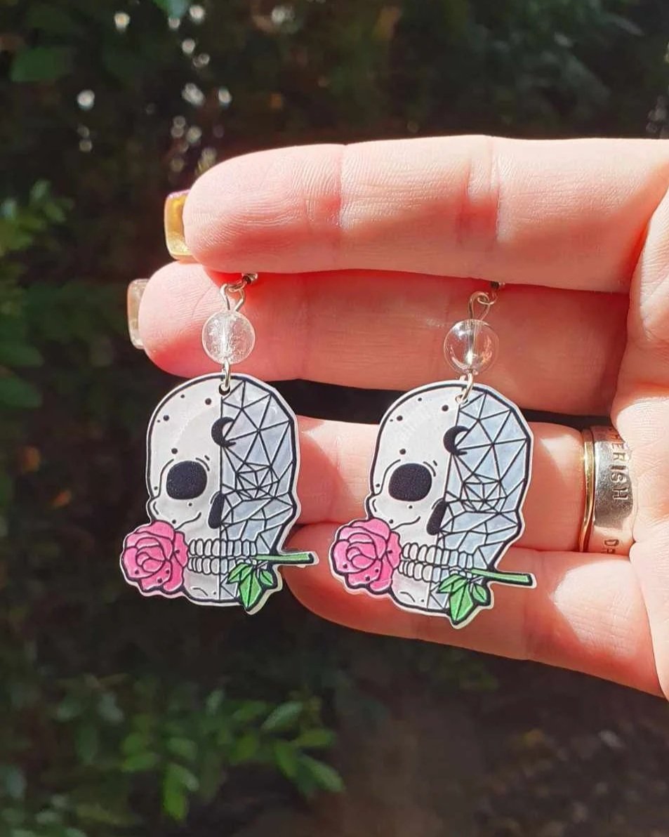 Aura Clear Quartz Skull Rose Earrings