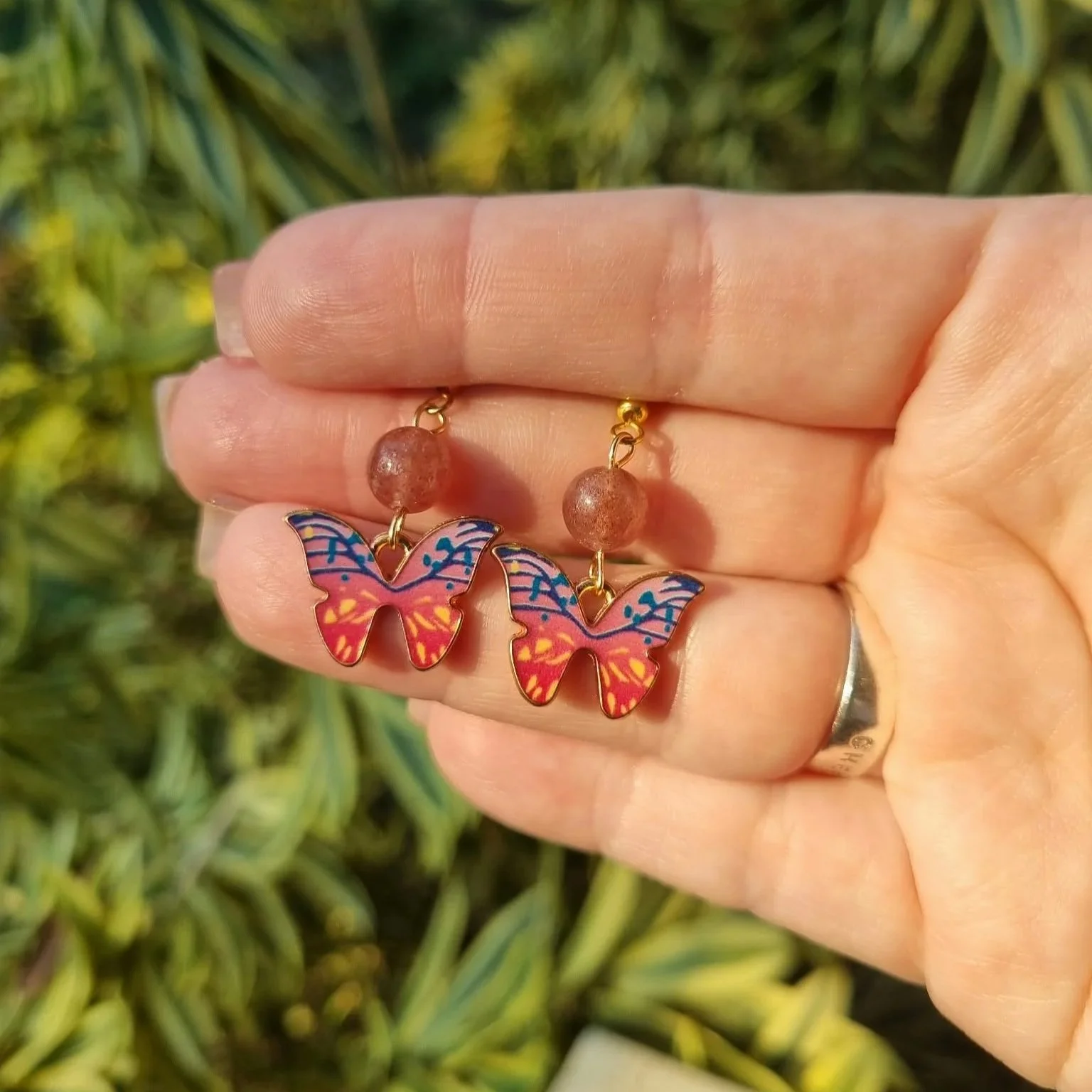 Strawberry Quartz Butterfly Earrings - Gold