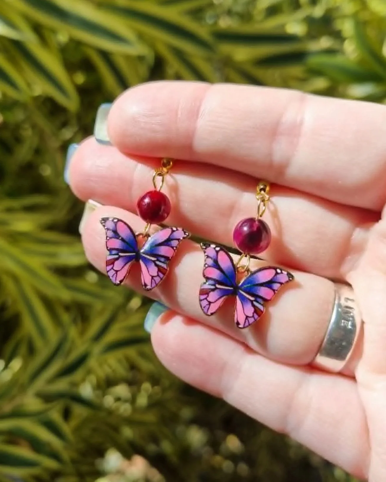 Pink Galaxy Tiger Eye Butterfly Earrings - Gold