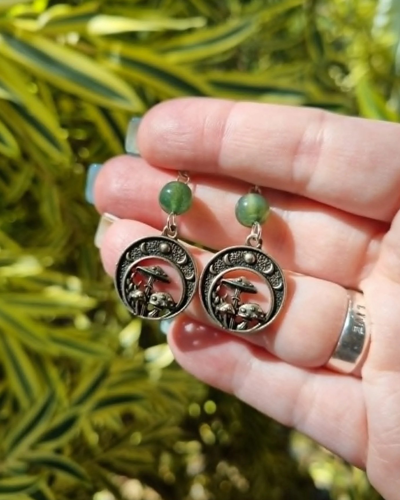Moss Agate Lunar Mushroom Earrings - Silver