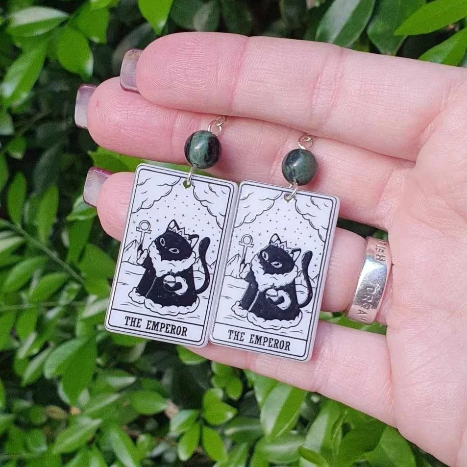 Kambaba Jasper "Emperor" Tarot Cat Earrings - Silver