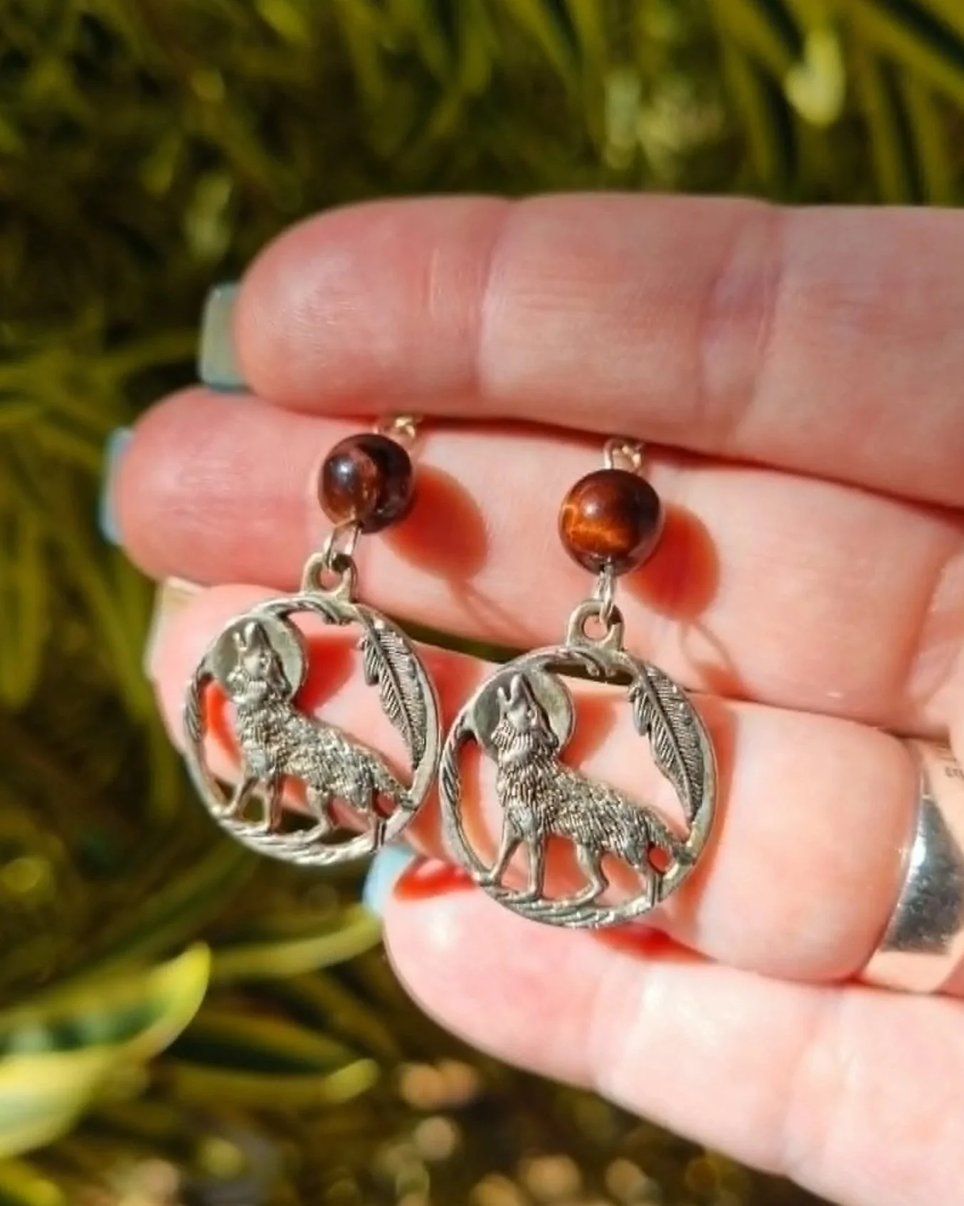 Red Tiger Eye Wolf Earrings - Silver