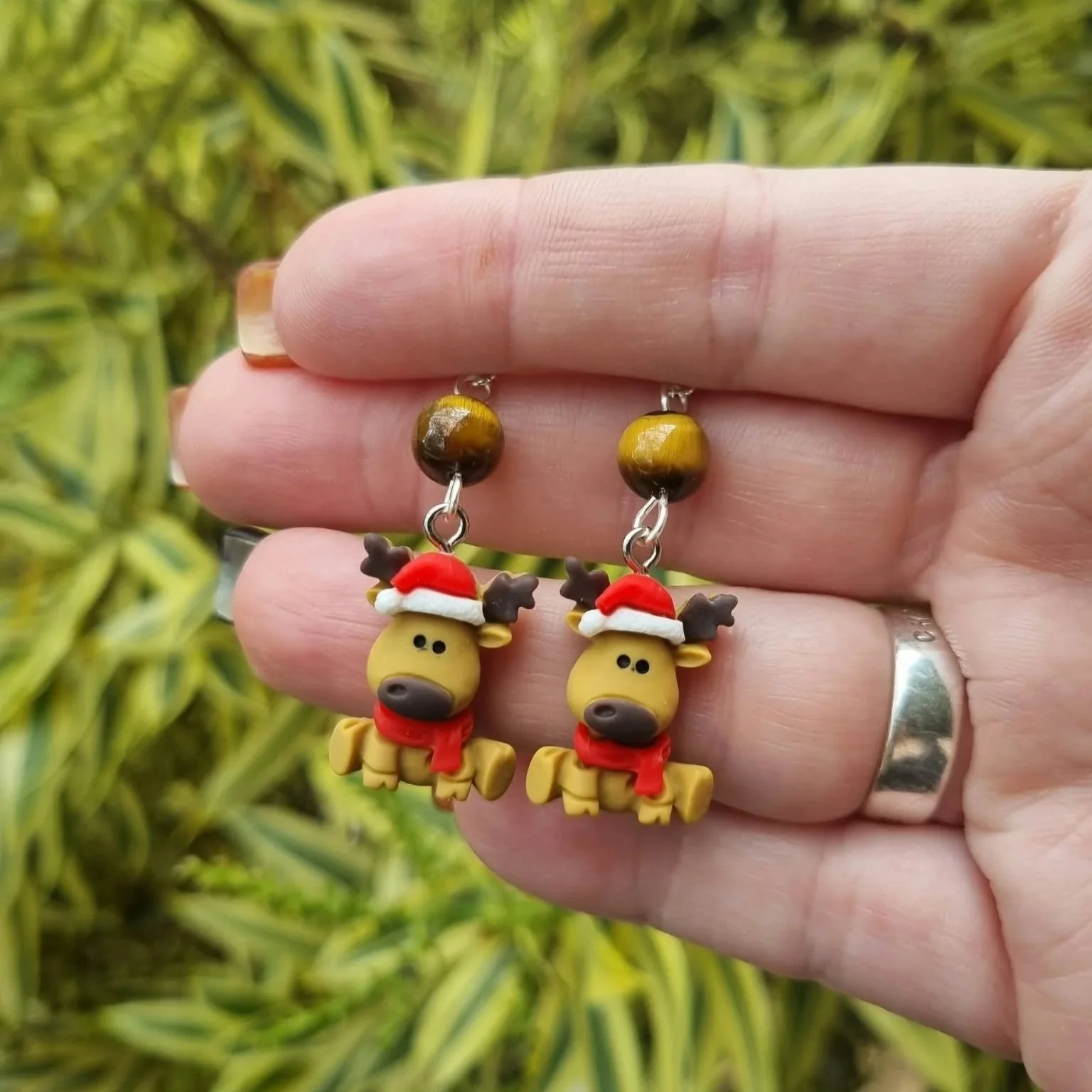 Tiger Eye Reindeer Earrings- Silver