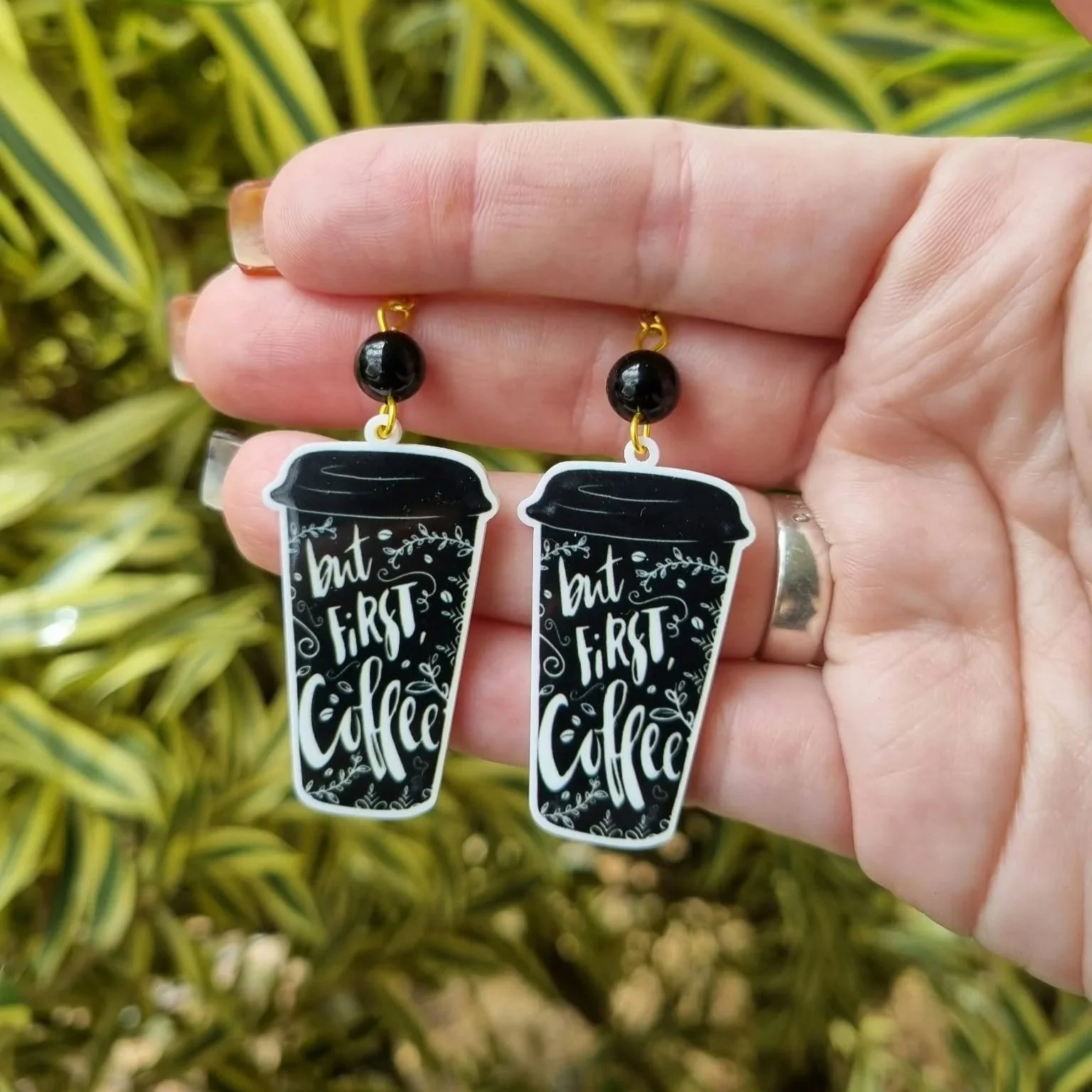 Black Tourmaline "Coffee First" Cup Earrings- Gold