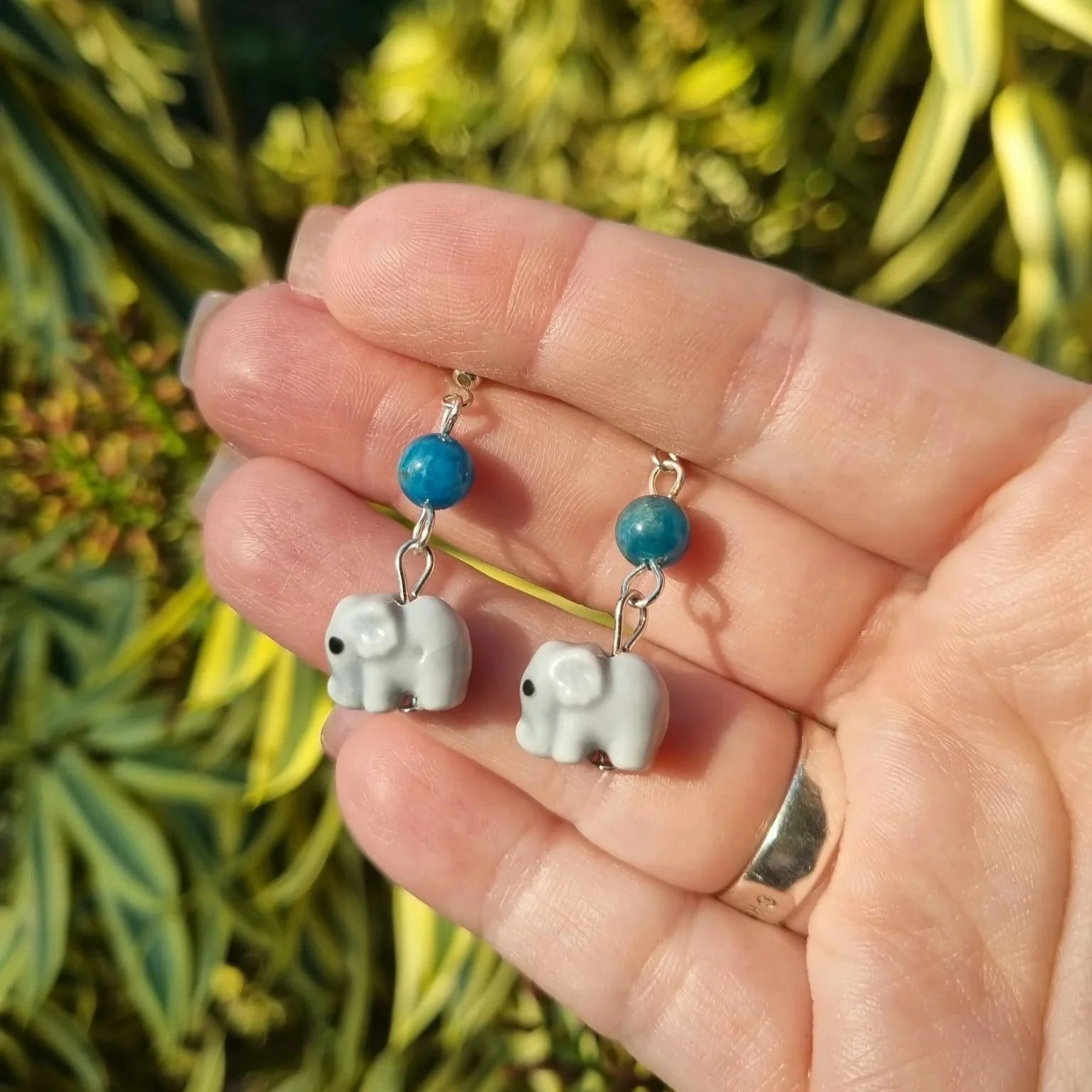 Blue Apatite Elephant Earrings - Silver