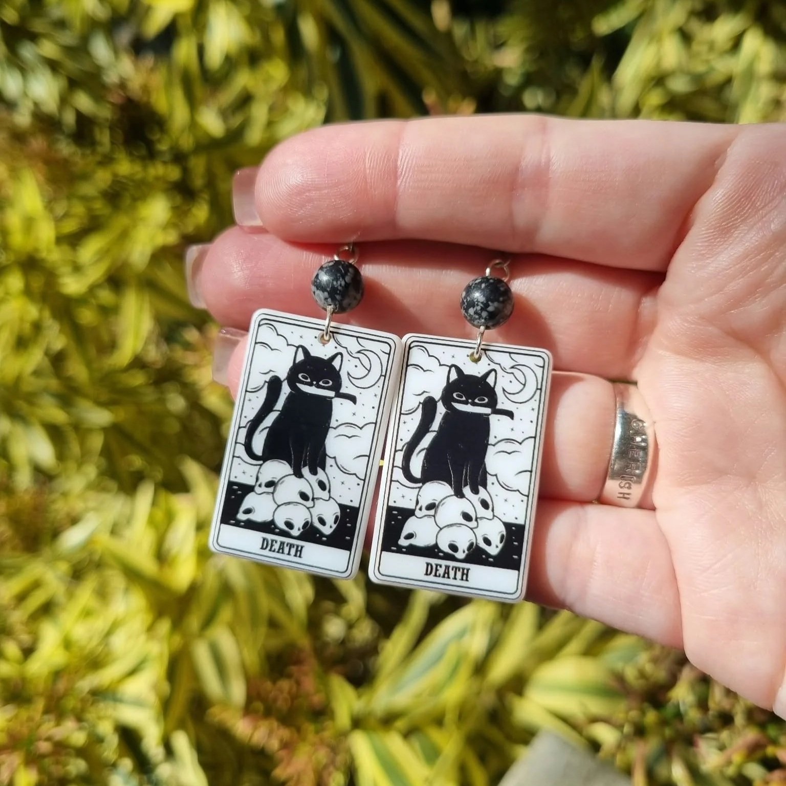 Spider Web Jasper Death Cat Tarot Earrings - Silver