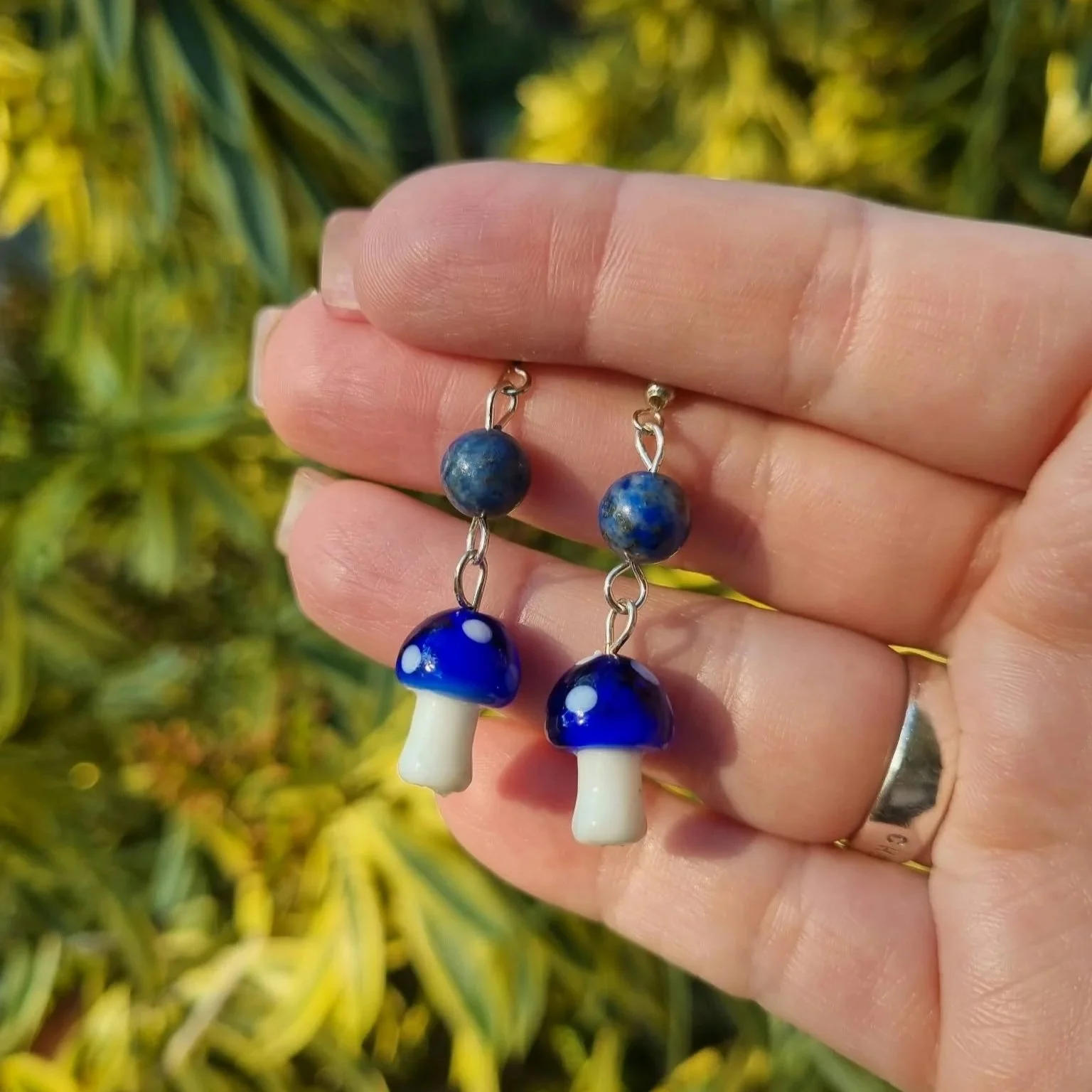 Lapis Lazuli Blue Mushroom Earrings - Silver