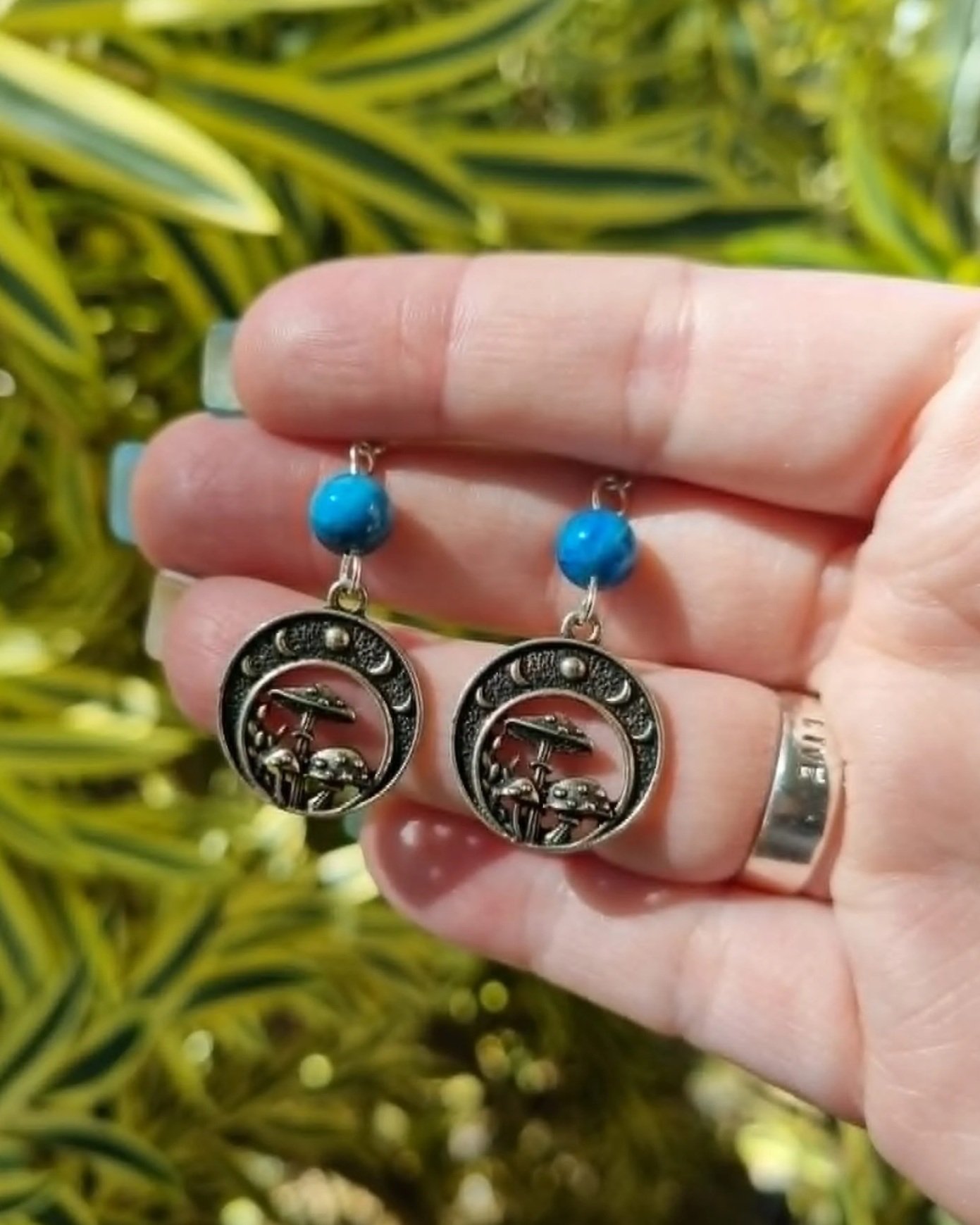 Blue Apatite Lunar Mushroom Earrings - Silver