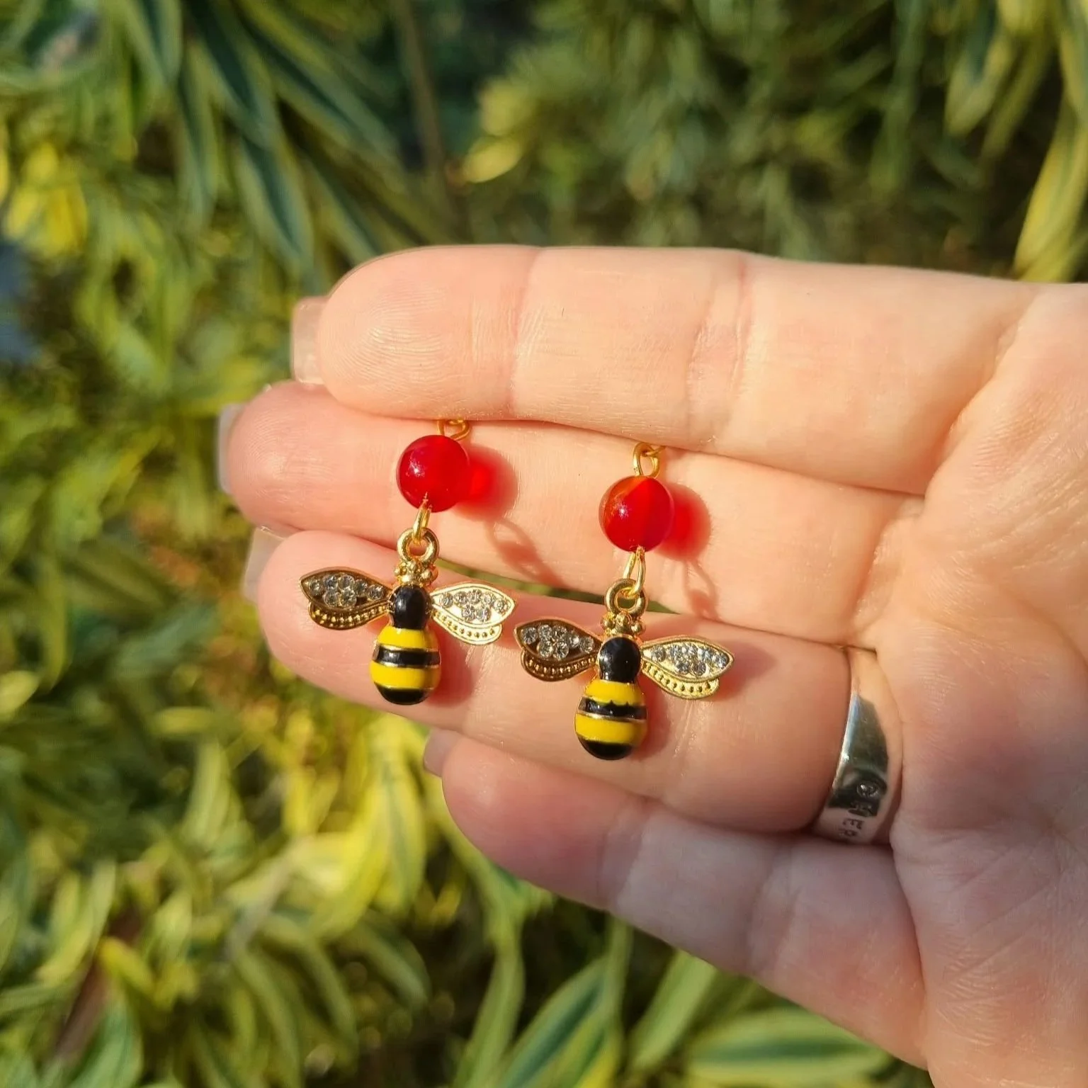 Red Dyed Quartz Bee Earrings - Gold