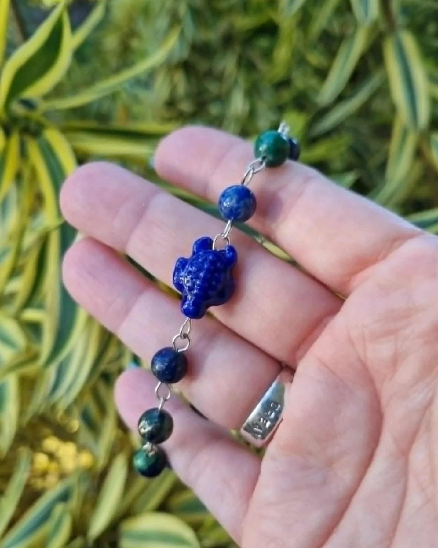 Azurite & Malachite Blue Turtle Bracelet - Silver