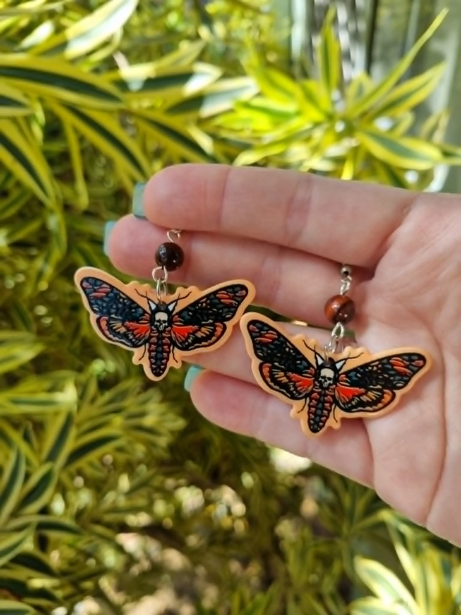 Red Tiger Eye Moth Earrings - Silver