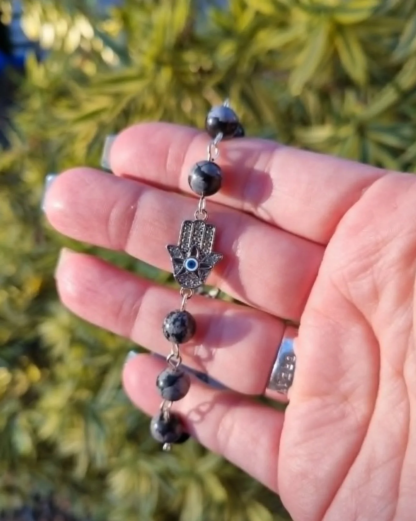 Snowflake Obsidian Hamsa Hand Evil Eye Bracelet - Silver