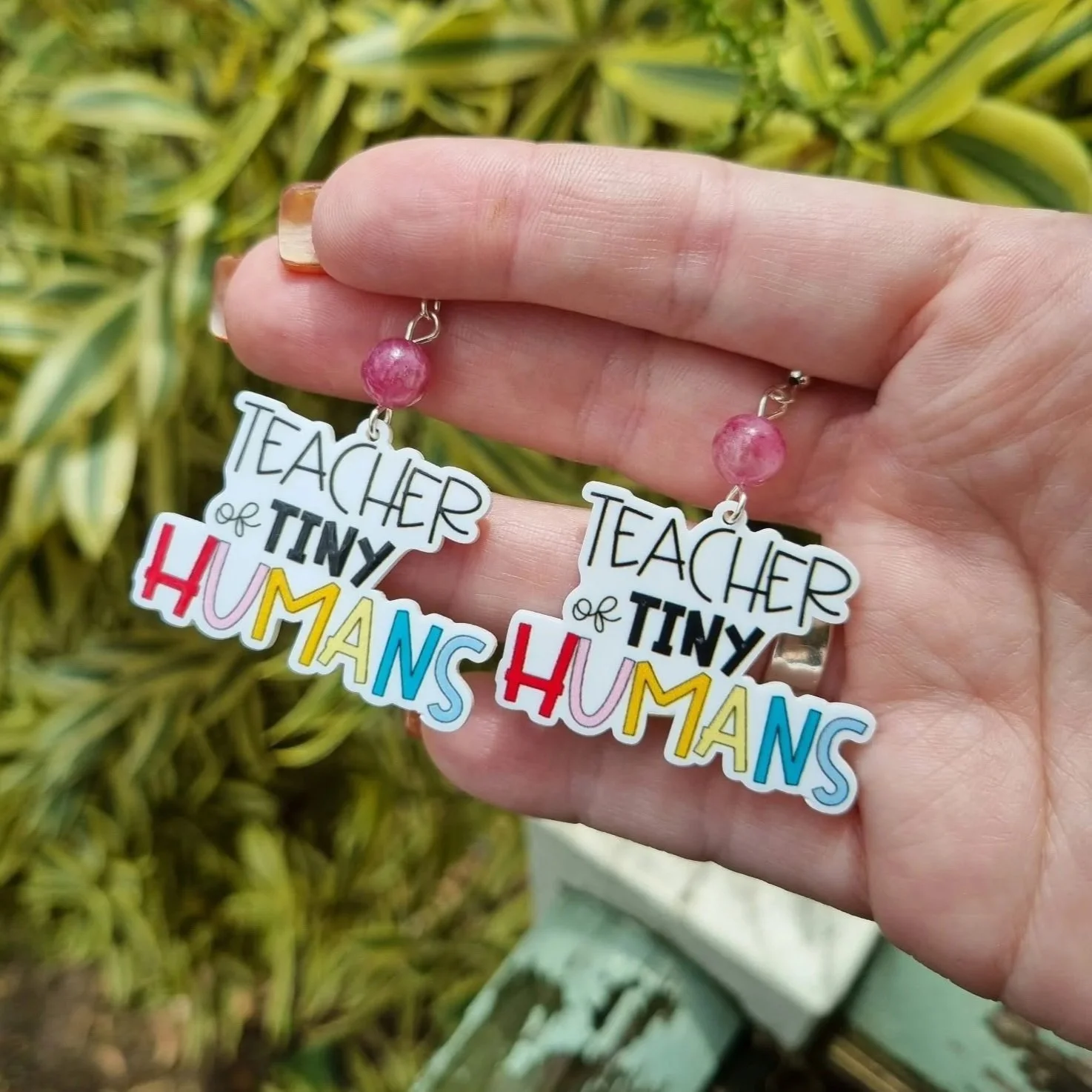 Watermelon Tourmaline "Teacher of Tiny Humans" Earrings- Silver (Dyed Crystal )
