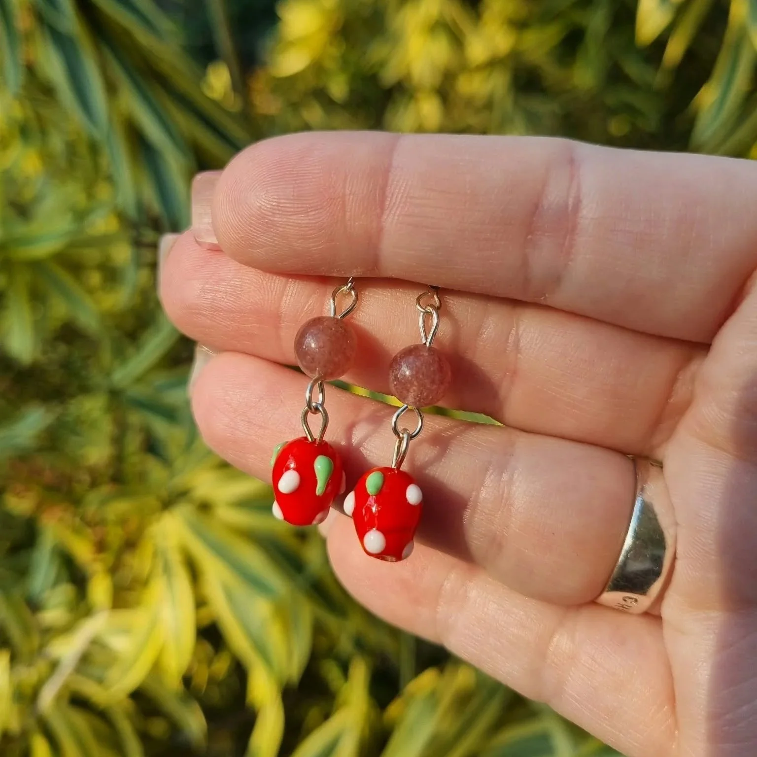 Strawberry Quartz Strawberry Earrings - Silver