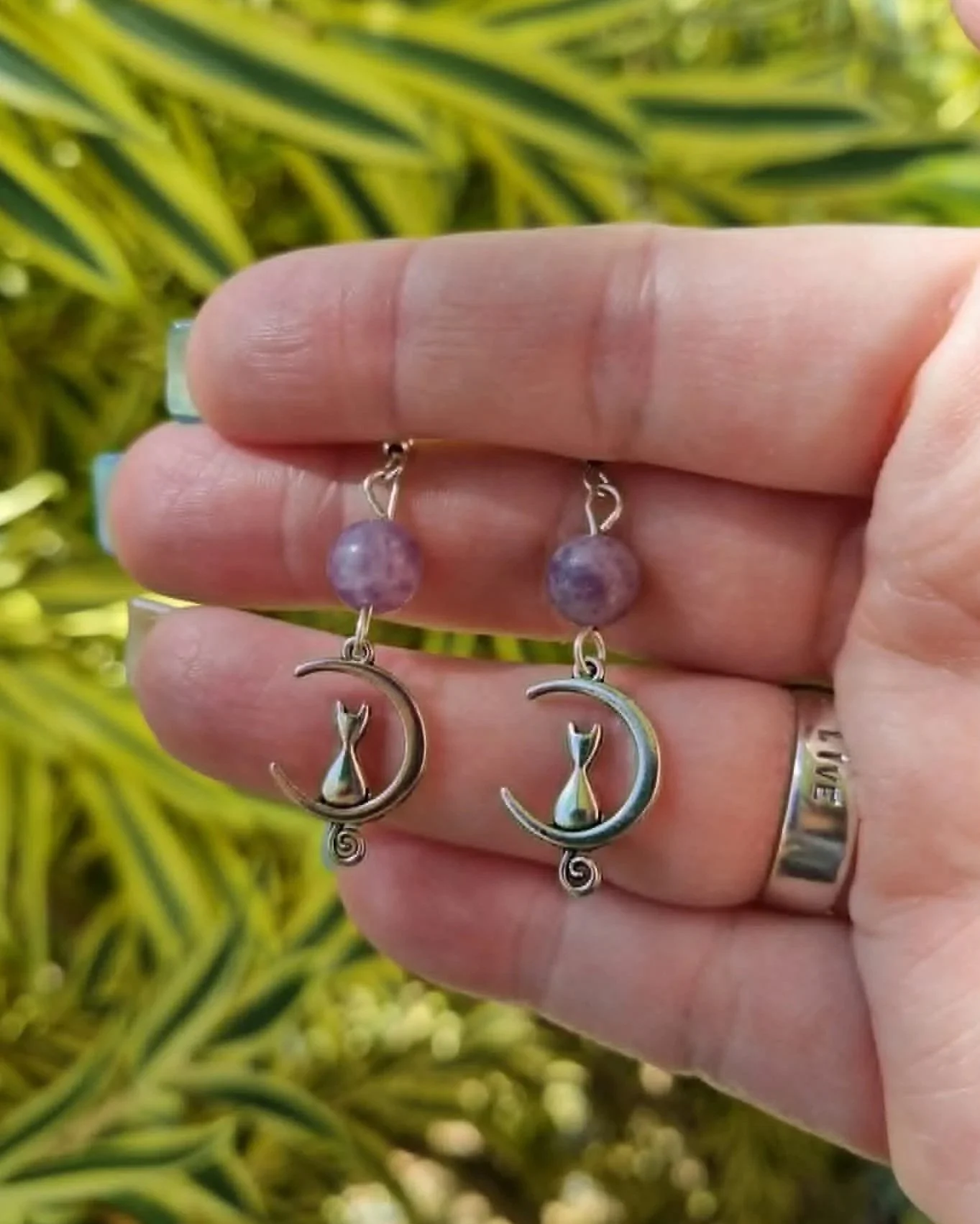 Lepidolite Cat Moon Earrings - Silver